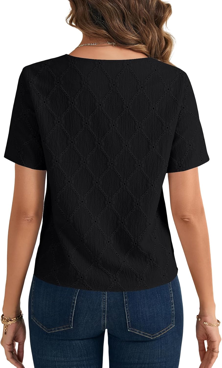 Rooscier Women's Eyelet Embroidery Button Down V Neck Short Sleeve Elegant Blouse Top - Image 5