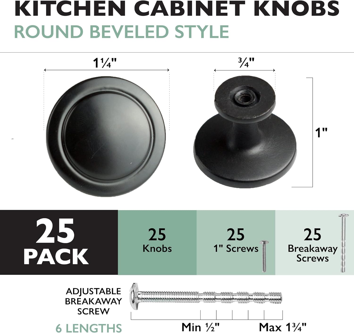 Ilyapa 25 Pack 1 1/4 Inch Round Kitchen Cabinet Knobs, Flat Black Round Drawer Knob for Cabinets Dressers Drawers - Black Kitchen Cabinet Hardware