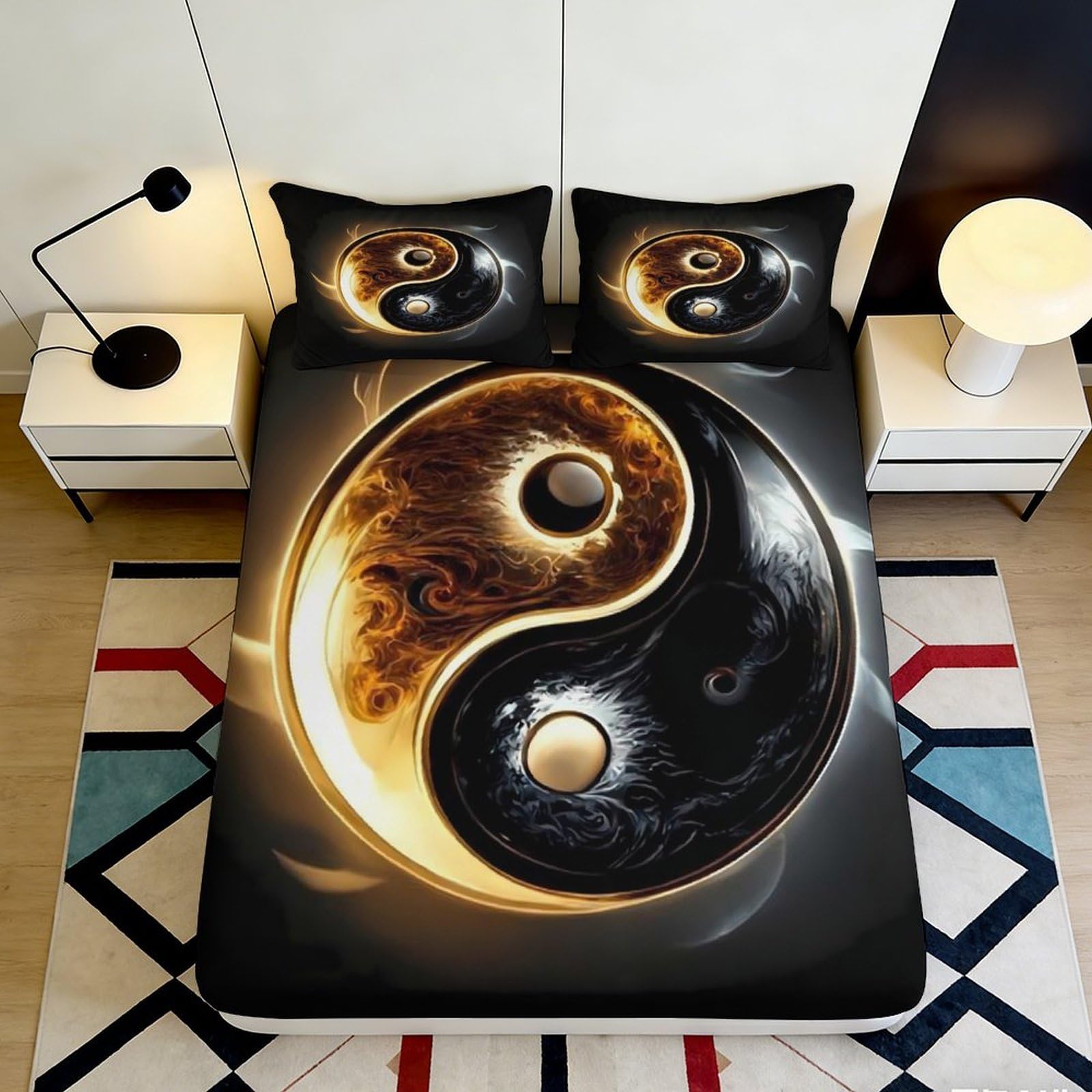 3D Printed Yin Yang Fitted Sheet Microfiber Deep Pocket Non-Slip Bedroom Bedding Yin Yang Mattress Fitted Cover for Adults Washable 200x200x25cm 90x200x25cm