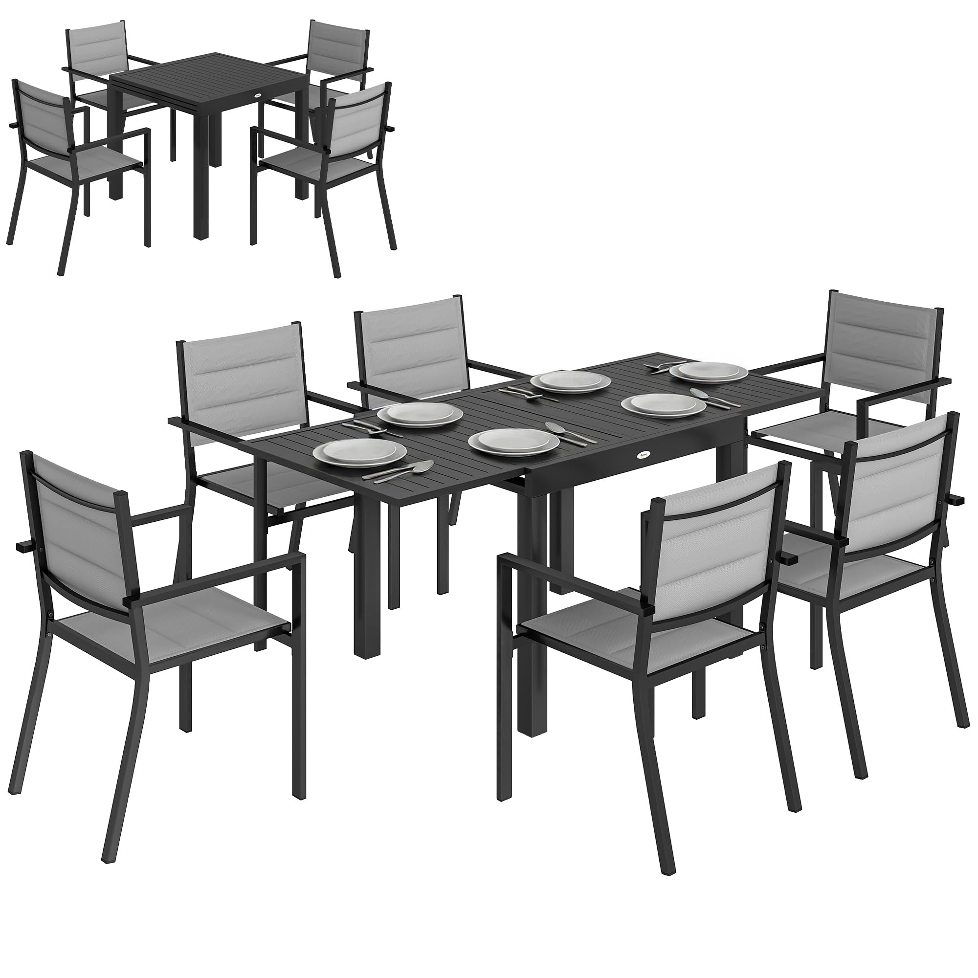 Outsunny Salon de Jardin 7 Pièces Table Extensible Aluminium - Ensemble Mobilier de Jardin avec 6 Chaises Empilables Textilène Rembourré - Meuble pour Terrasse Extérieur et Repas de Famille, Gris