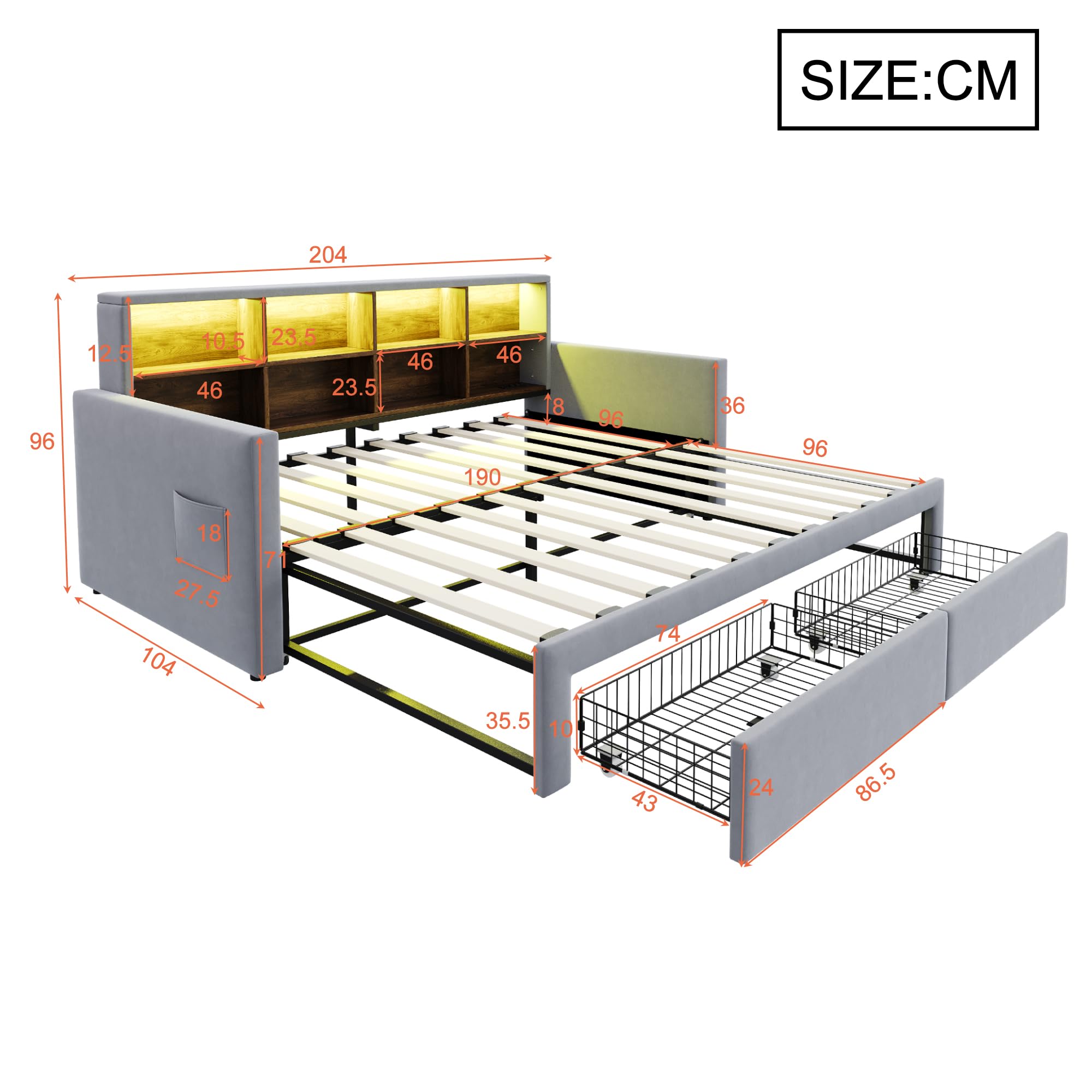 Cama Nido 180x190 con Cabecero Acolchado Sofá Cama con Almacenamiento Integrado Double Bed con 21 Lamas Carga Máxima 300 Kg Medidas Largo 204 Ancho 104 Alto 96 Cm con 2 Cajones Estudio