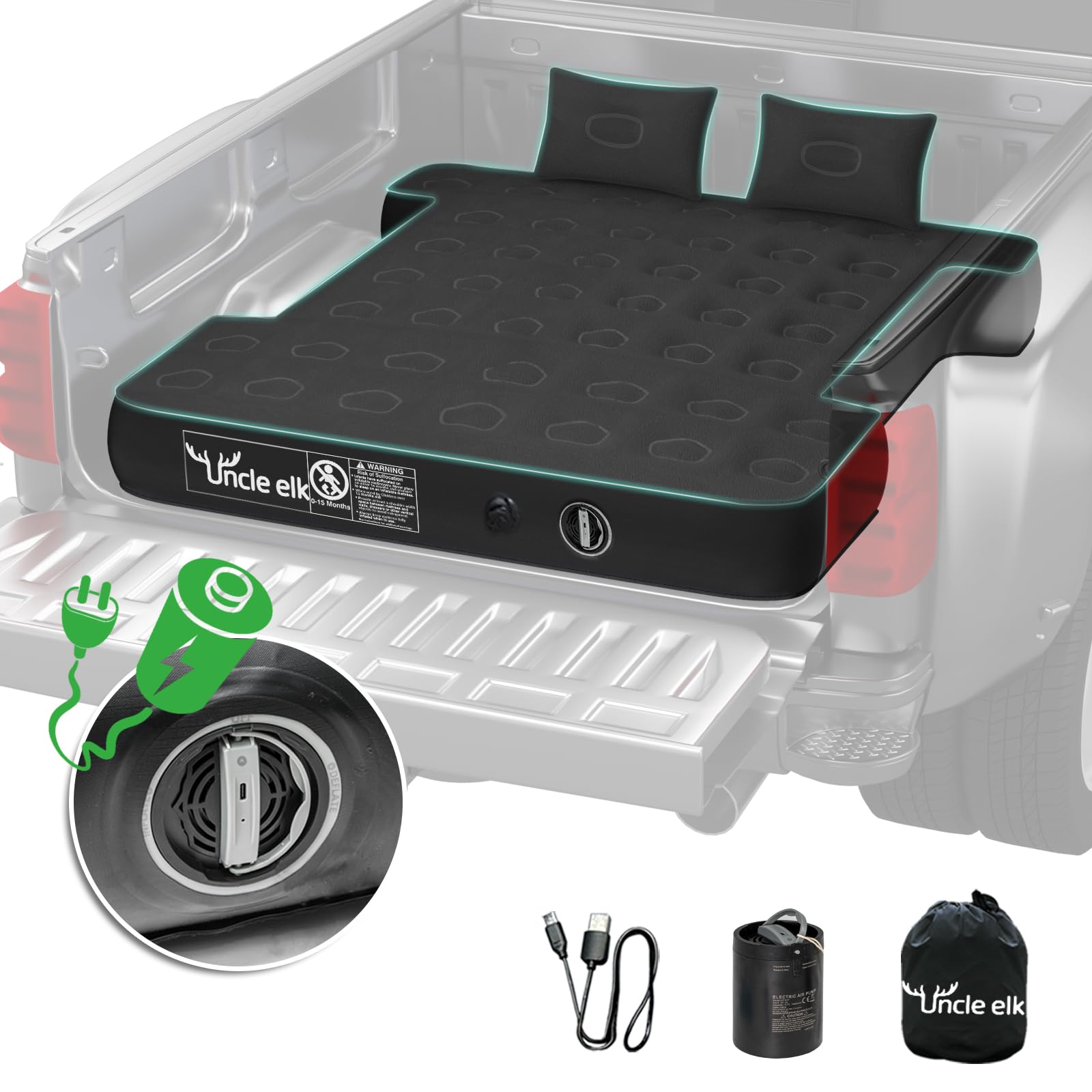 Truck Bed Mattress 5.5-5.8ft: Inflatable Full Size Truck Bed Air Mattress with Wireless Rechargeable Pump, Pickup Mattress with Carry Bag (Black)