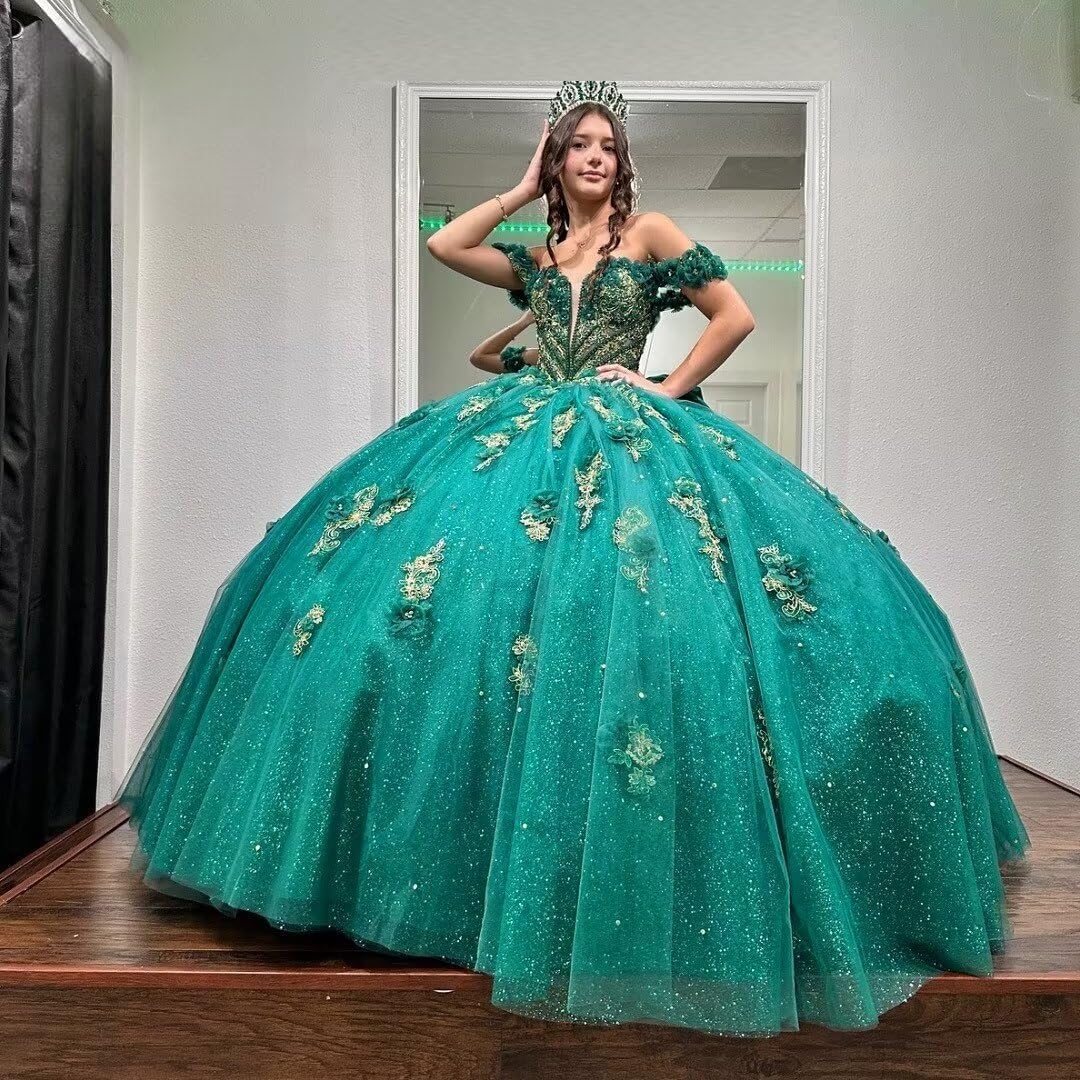 XYAYE Off Shoulder Quinceanera Dresses Ball Gown Sparkly Tulle Sweet 15 16 Dresses Puffy Lace Beaded Prom Dress with Bow