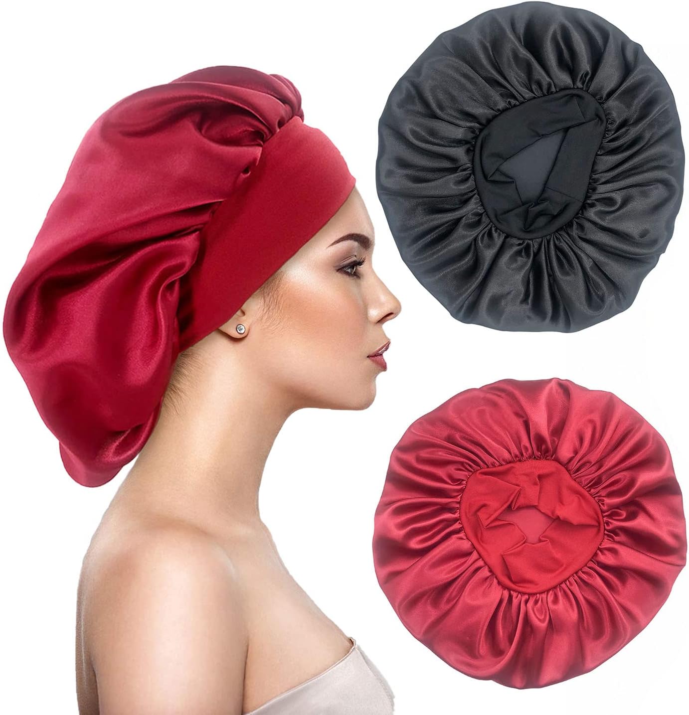 2PCS Large Satin Silk Hair Bonnet for Sleeping,Elastic Wide Band Bonnets for Black Women Braids,Silk Hair Wrap Night Sleep Caps for Women Curly and Natural Hair (Black,Wine Red)