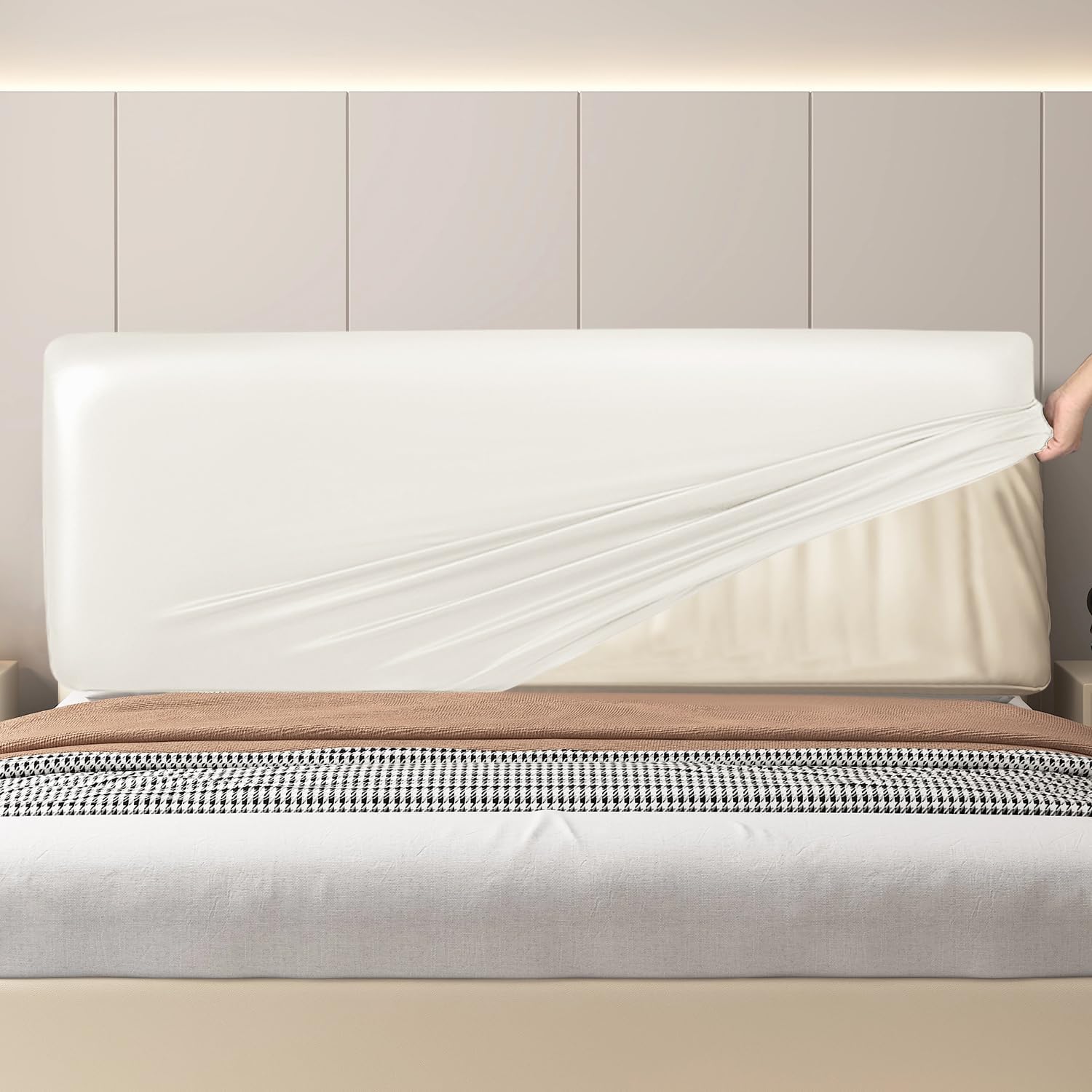 CAMZ PU Leather Headboard Cover Queen Full King Stretch Bed Headboard Slipcover Headboard Dust-Proof Protector Furniture Cover for Kid Pet (White,Queen:150-170 cm / 59-67 in)