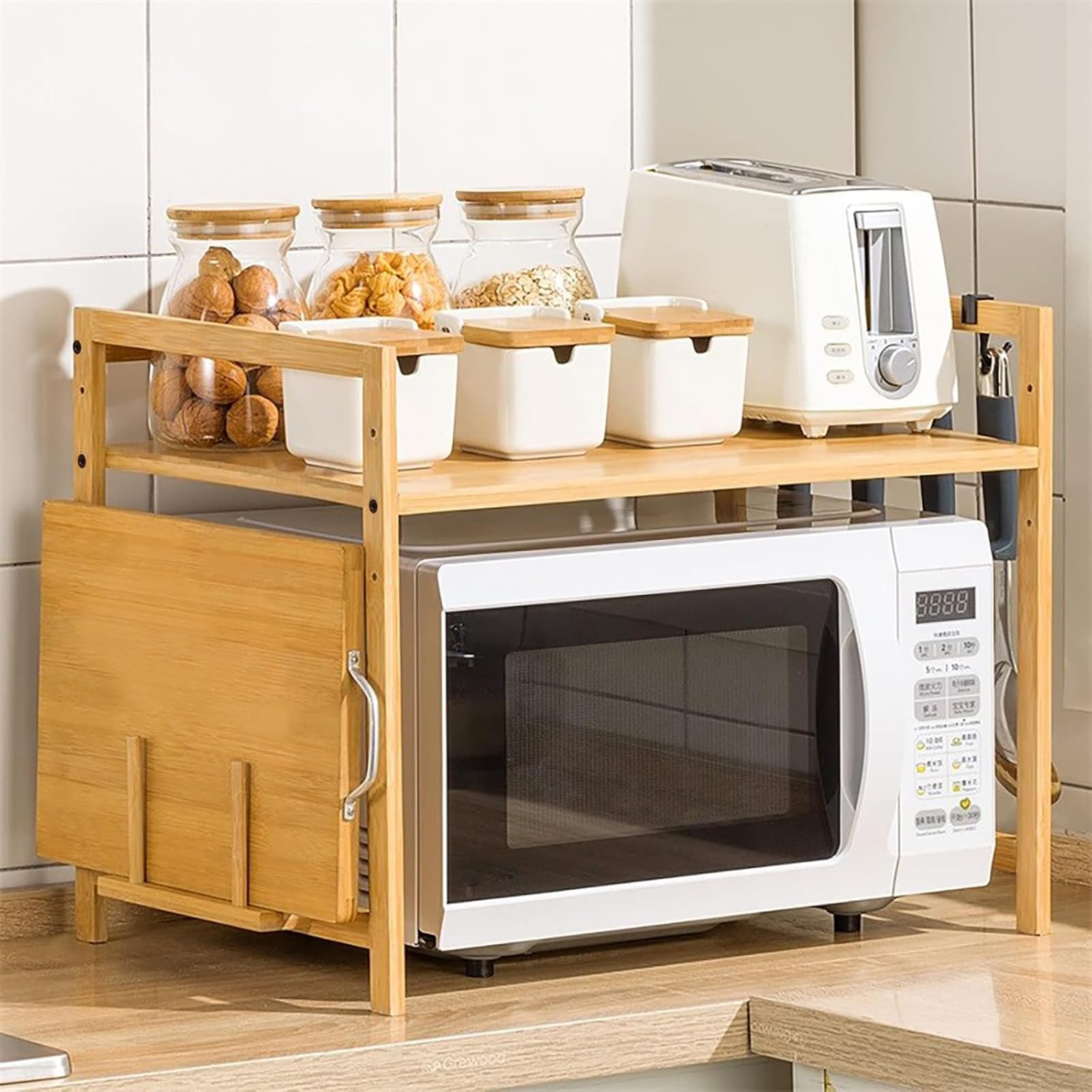 2-poziomowy bambusowy stojak do kuchenki mikrofalowej, regulowana półka kuchenna z haczykami i stojakiem na deskę do krojenia, rustykalny minimalistyczny oszczędność miejsca do przechowywania w kuchni