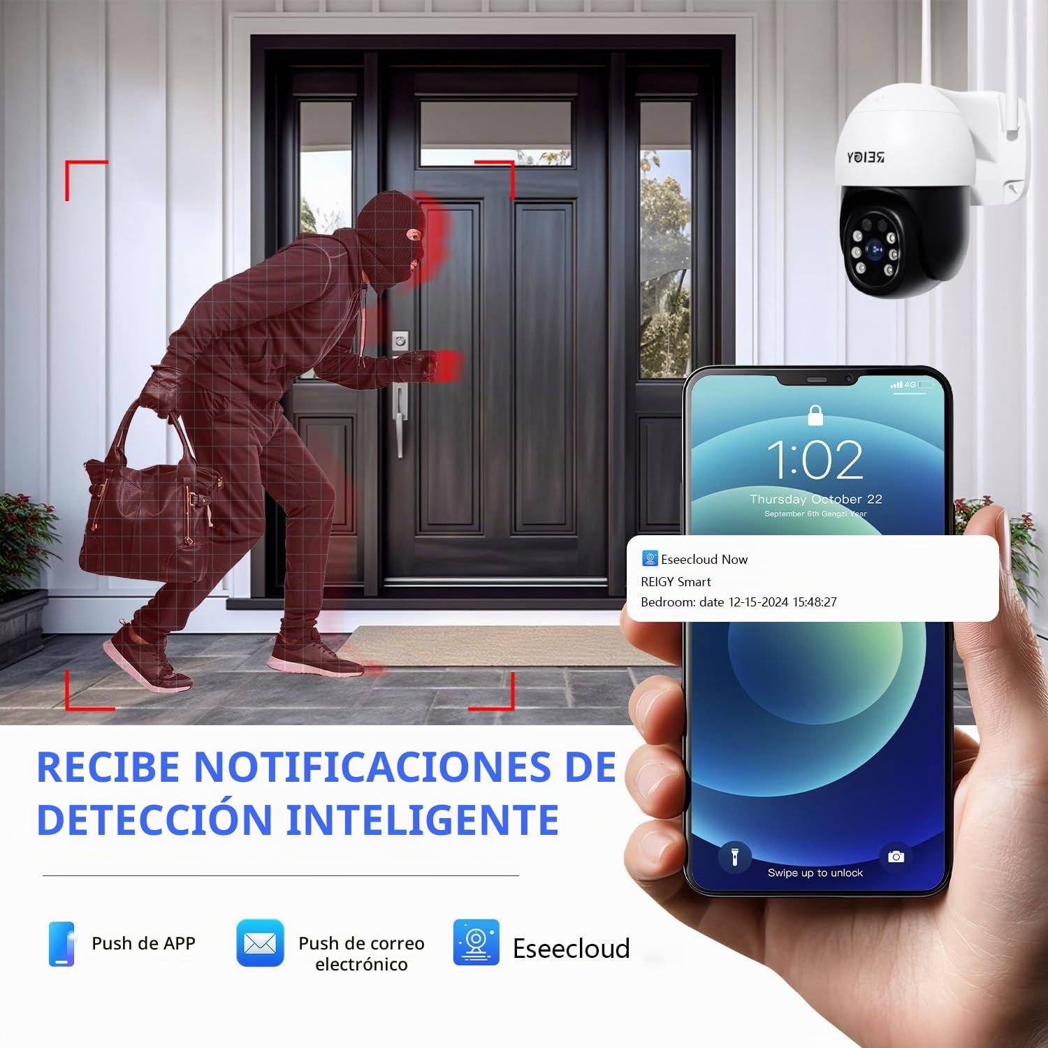 REIGY 5MP Cámara de Vigilancia WiFi Exterior 360°, Camara de Seguridad IP PT 2880*1620p, Visión Nocturna Infrarroja y Color, Audio Bidireccional, Detección de Movimiento Compatible con NVR iOS/Android