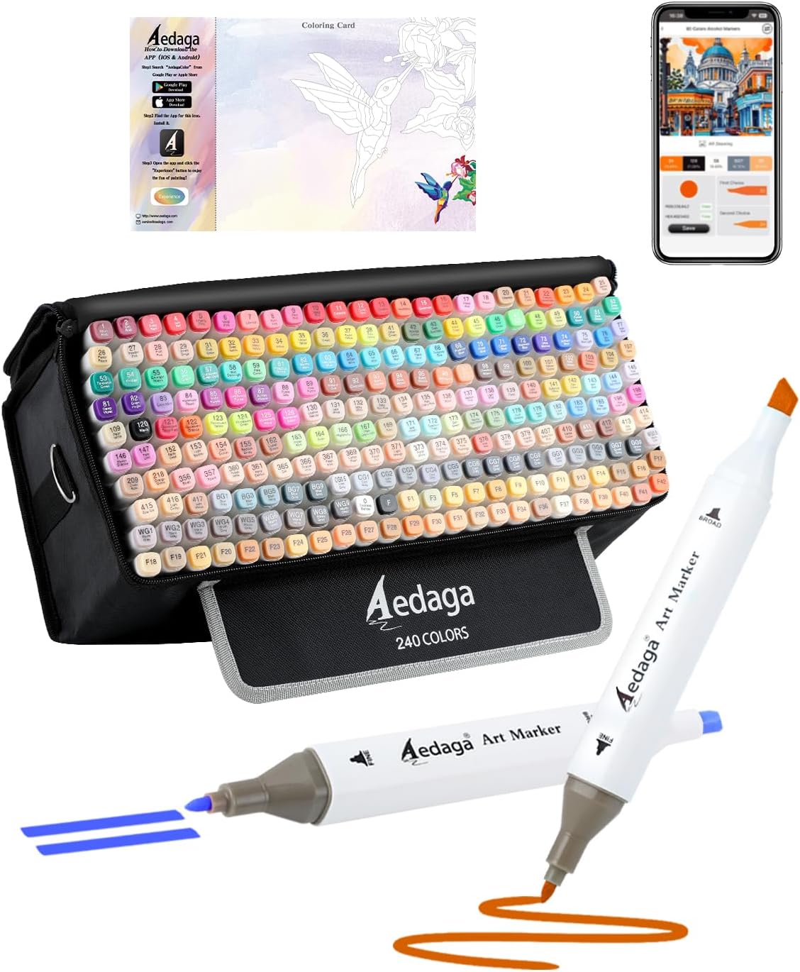 YHC 168 Colors Alcohol Markers with Free APP, Alcohol-Based Dual Chisel & Fine Tips Markers with Kickstand Case for Adult Coloring, Drawing, Painting and Sketching, Great Gift Idea for Artists