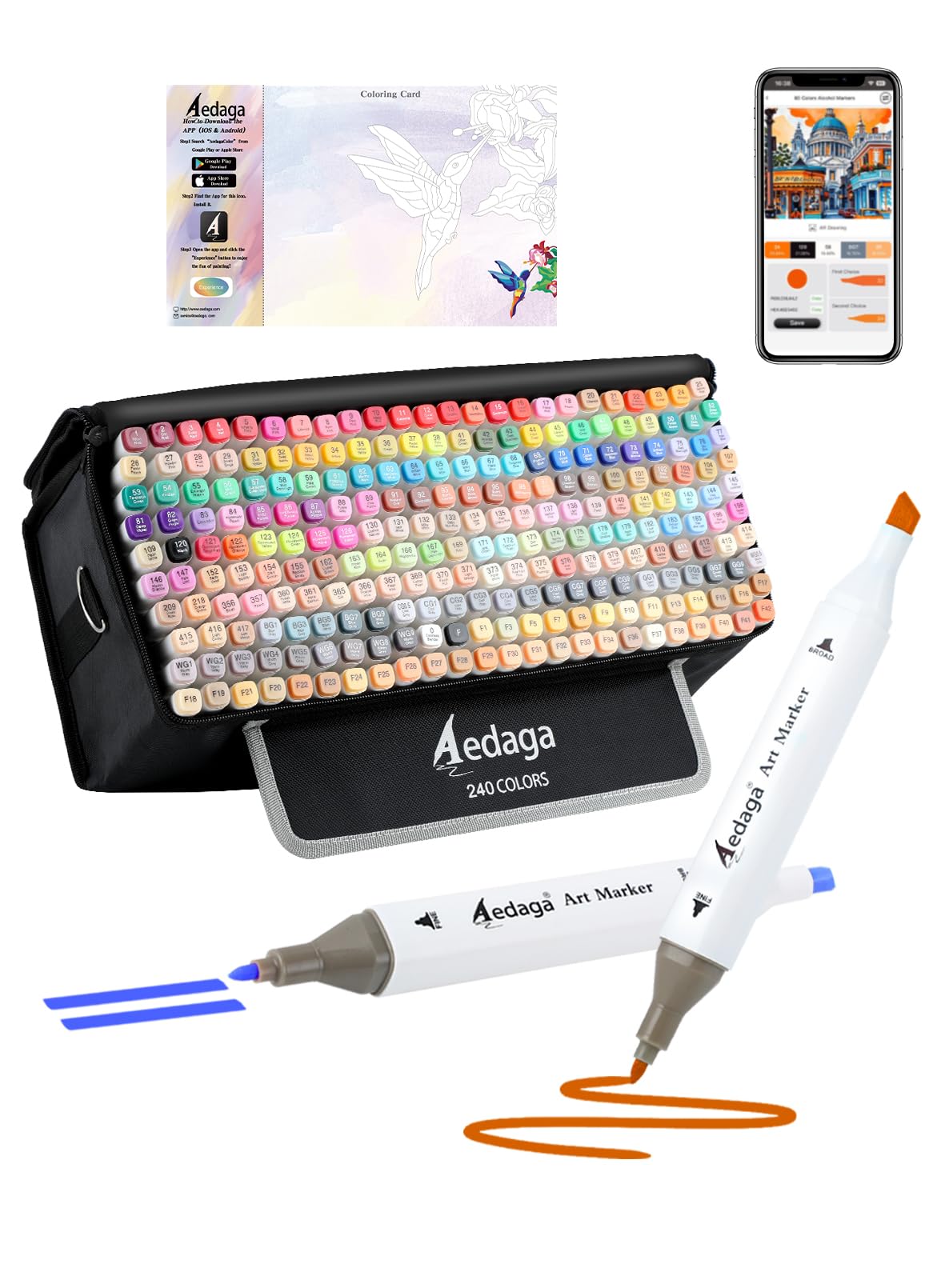YHC 240 Colors Alcohol Markers with Free APP, Alcohol-Based Dual Chisel and Fine Tips Markers with Kickstand Case for Adult Coloring, Drawing,