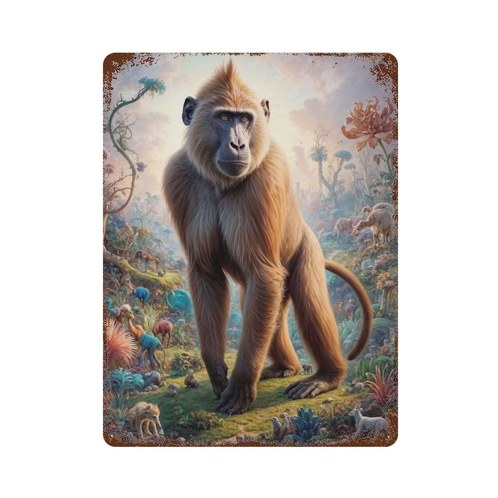 Retro Metal Sign with Surreal Baboon Safari Design 15.7"x11.8", for Pub, Kitchen And Man Cave Decor, Rustic Home Decor