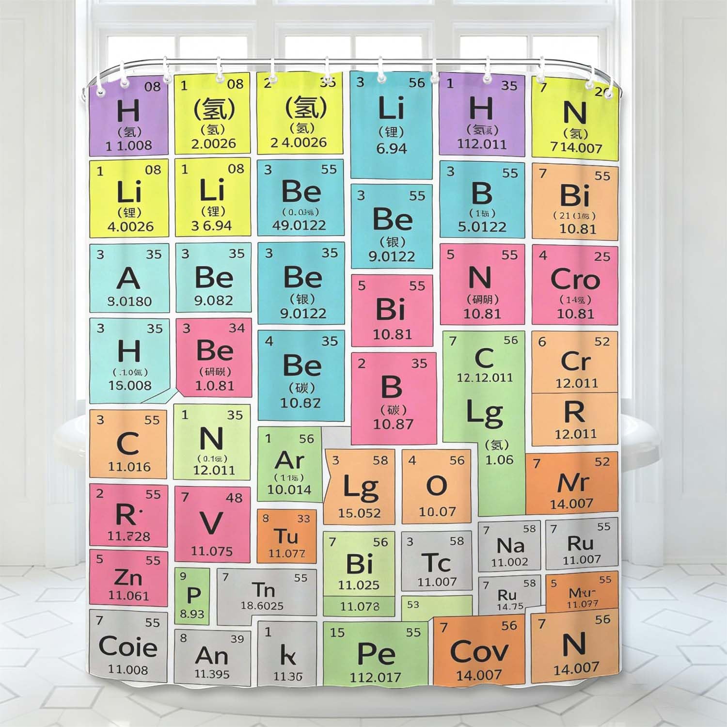 Rideau de douche anti moisissure résistant à l'eau 240x200 tableau périodique en tissu lavable