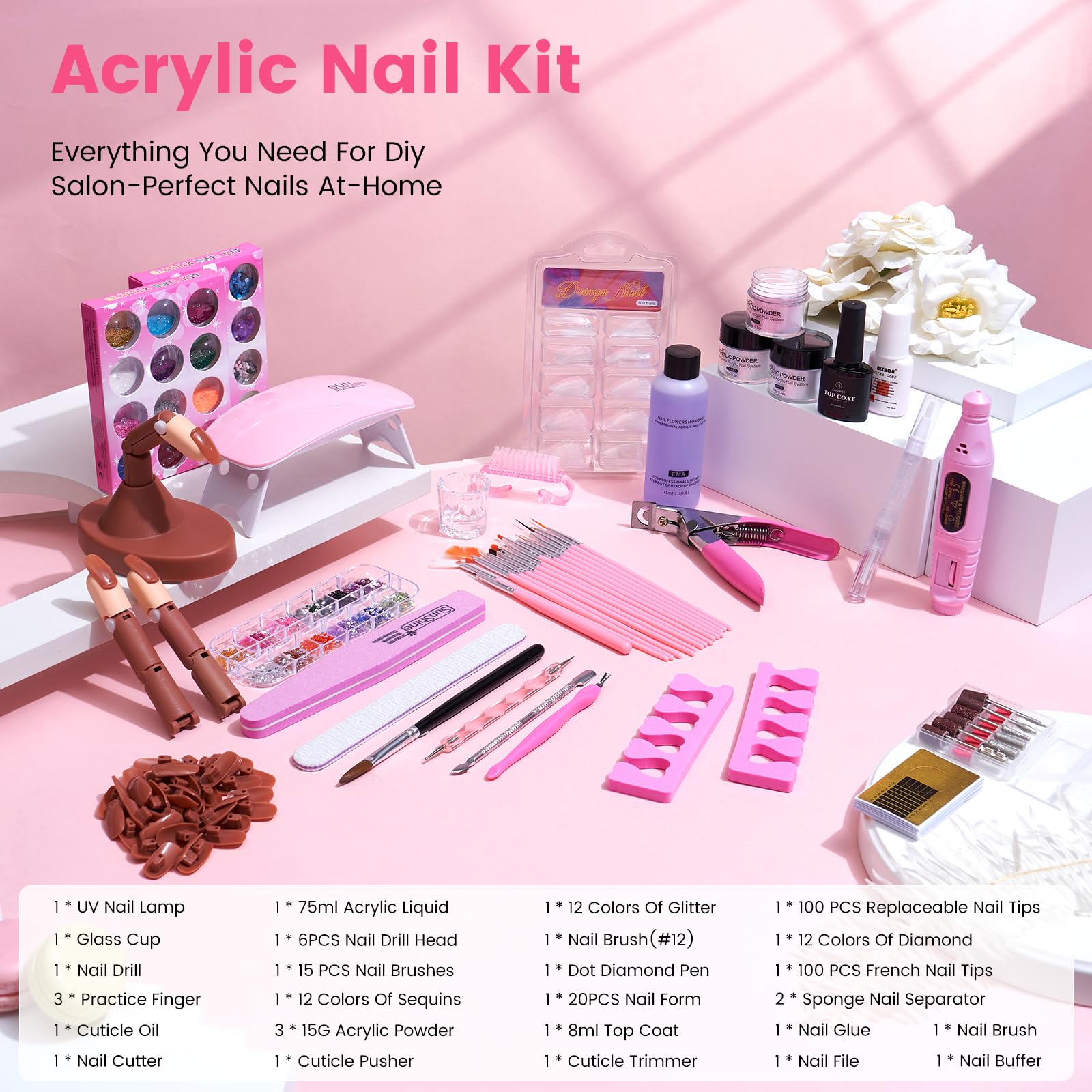 Yokilly Kit Uñas Acrilicas Completo: Acrilico Para Uñas con UV Lámpara Mano Dedo de Práctica para Uñas Limador De Uñas Electrico - Kit Uñas Semipermanentes Gel Polvo Acrilico Para Uñas