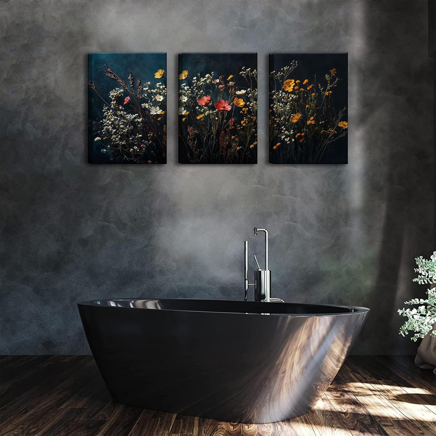 3Pcs Dark Dried Wildflowers Canvas Wall Art Moody Floral Wall decor prints Vintage Black Botanical painting pictures Aesthetic Flower Artwork for Living Room Bathroom Bedroom Decoration,12x16in
