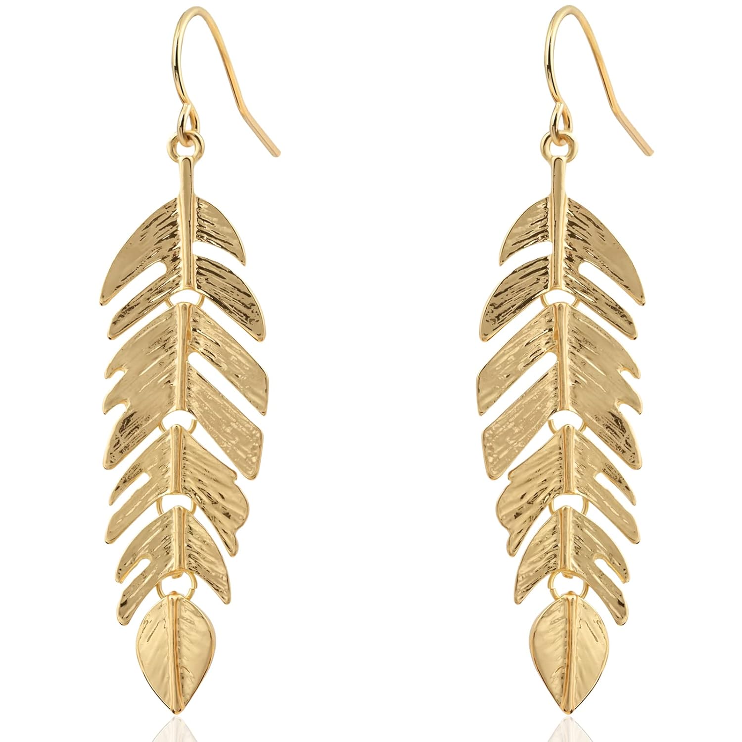 Gold Long Dangle Leaf Earrings for Women, Hypoallergenic