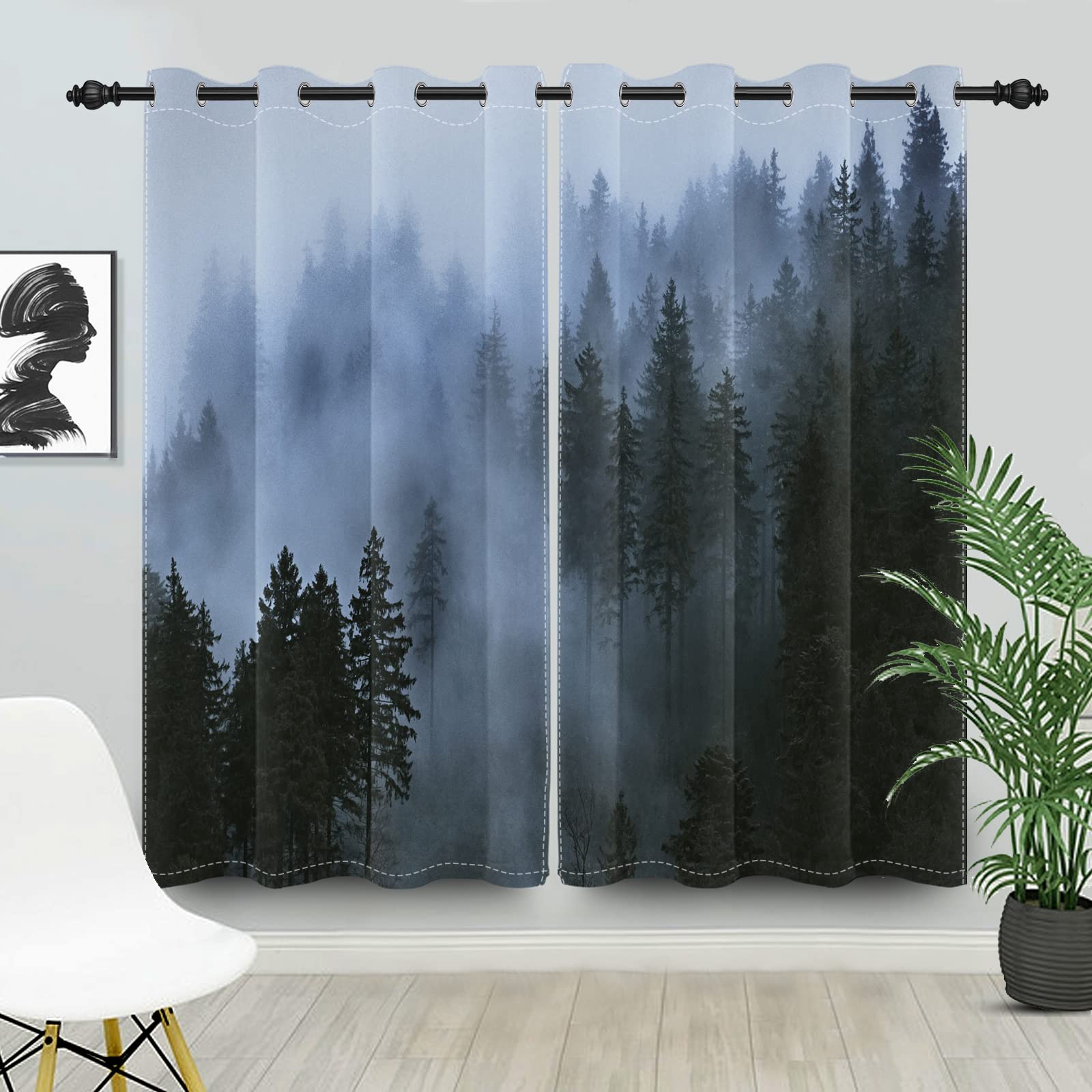 SIEDYCV 21x45inches Misty Forest Blackout Curtains Foggy Scenic Rainforest Pine Trees Nature Landscape Window Drapes 2 Panels Light Blocking Grommet Window Curtains for Bedroom Living Room Home Decor