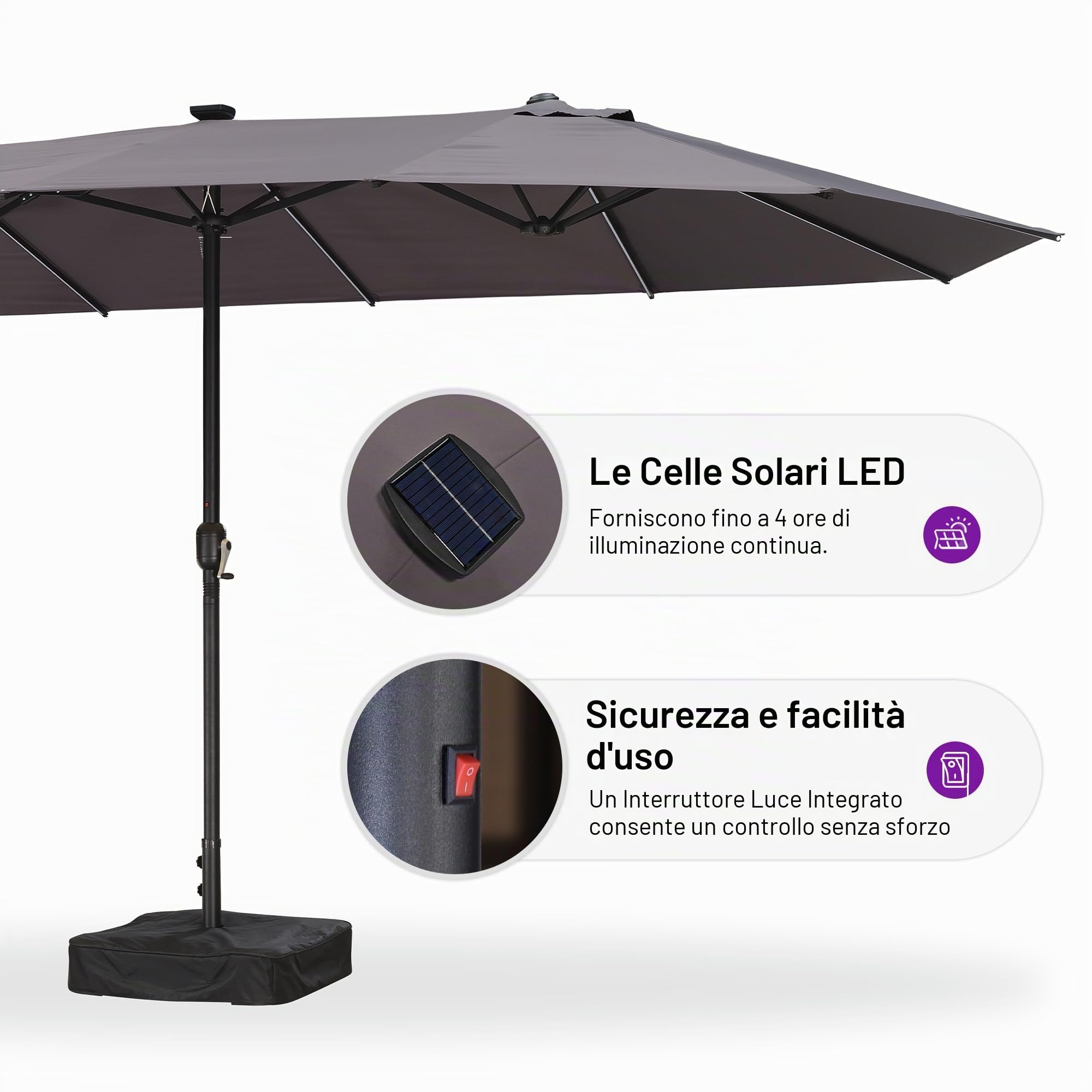 PURPLE LEAF Ombrellone da giardino esterno con piedistallo, 4,55 x 2,7 x 2,4 m, ombrellone doppio rettangolare con alluminio, manovella per balcone, terrazza patio