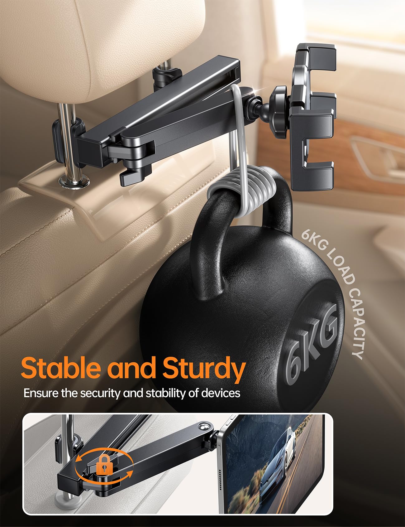 Coolpow Soporte de Reposacabezas para Tablet y Móvil - Brazo Telescópico de Doble Eje, Compatible con iPad, Samsung Tab, Switch y Otros 4.7-12.9" Dispositivos