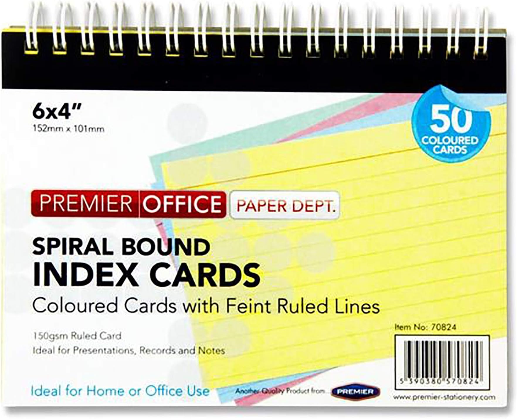 Premier Office Spiral Bound Index Cards. 6 x 4 50 Coloured Cards., A2870824