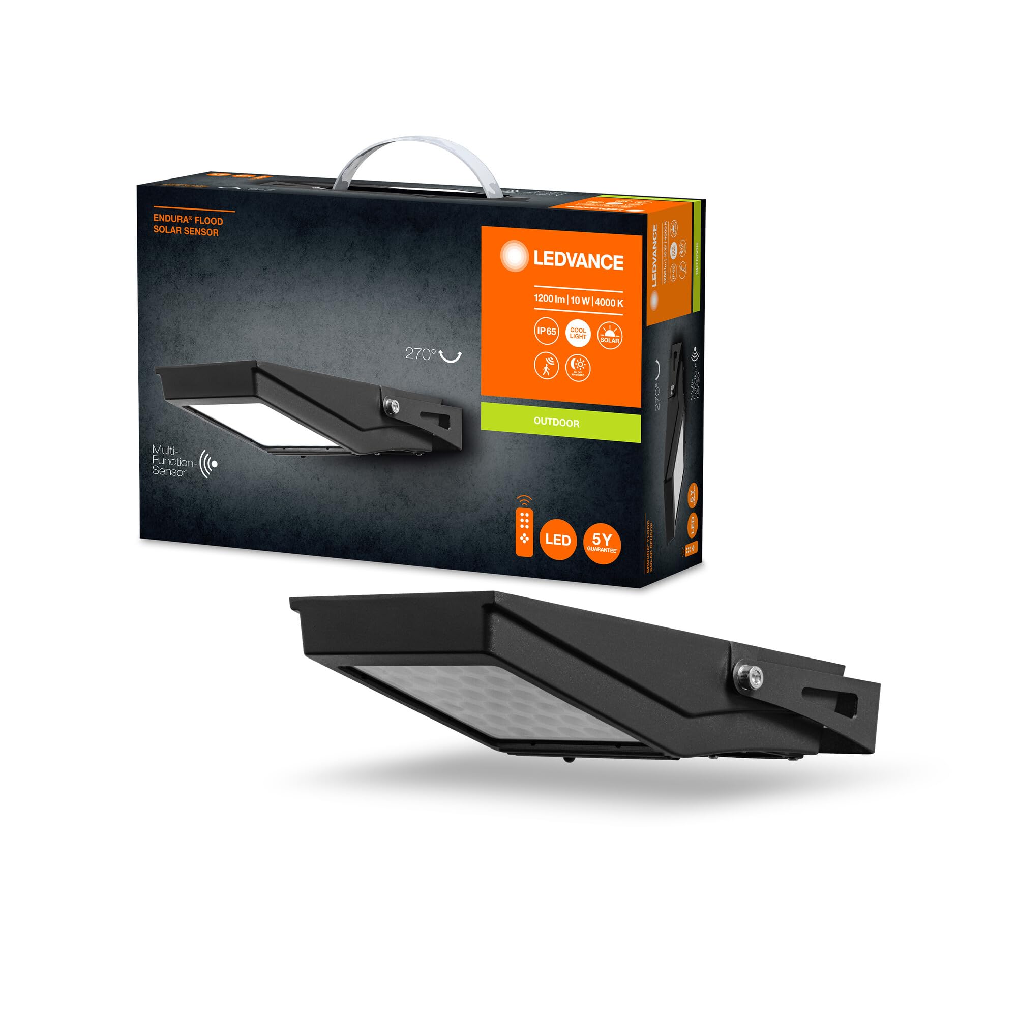 Ledvance, LEDVANCE ENDURA Flood Solar naświetlacz LED, 10 W, zasilany energią słoneczną, wbudowany czujnik, zimnobiałe światło, pilot zdalnego sterowania, baterii do 4 godzin pełnej jasności, IP65