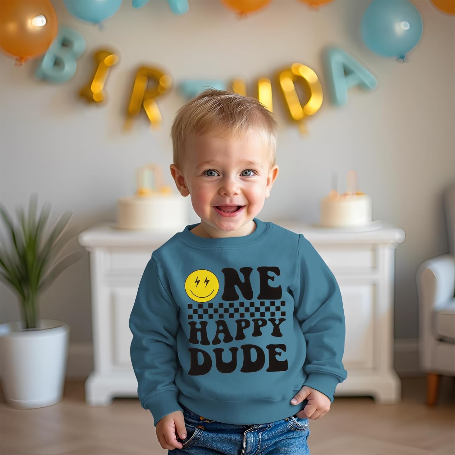 CM C&M WODRO First Birthday Sweatshirt Toddler Baby Boy One Happy Dude Pullover Shirt Crewneck Long Sleeve Fall Winter Outfit - Image 3