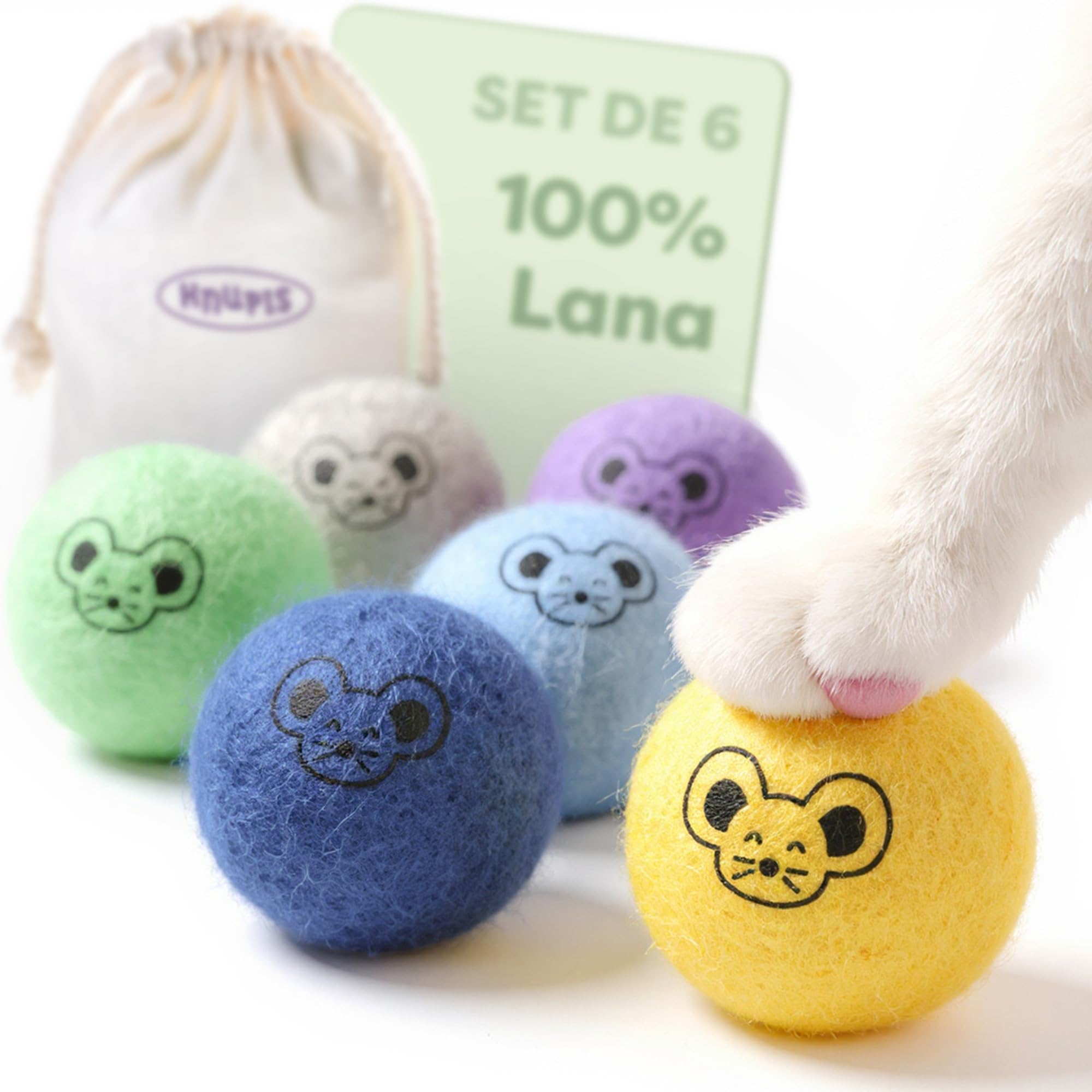 Knupis 6 Pelotas para Gatos con Bolsa – Juguetes Silenciosos de 100% Lana – Pelotas Extra Visibles, Suaves y Resistentes para Gatos y Gatitos - Diversión sin Ruido | 100 % lana de oveja silenciosa, con bolsa, suave y claramente visible, para todos los gatos y gatitos, trabajo en interiores