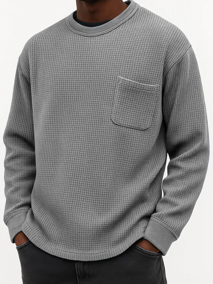 Pullover Sweater Waffle for Men Crew Neck Long Sleeve Shirts Casual Knitted Sweaters with Pocket
