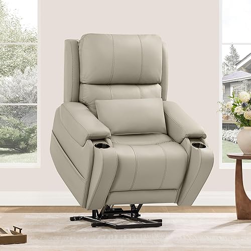 CHITA Power Lift Recliner Chair for Elderly with Heat and Massage, Genuine Leather Electric Lift Chairs with Cup Holder, Removable Lumbar Pillow, 2 Side Pockets, Leather in Gray