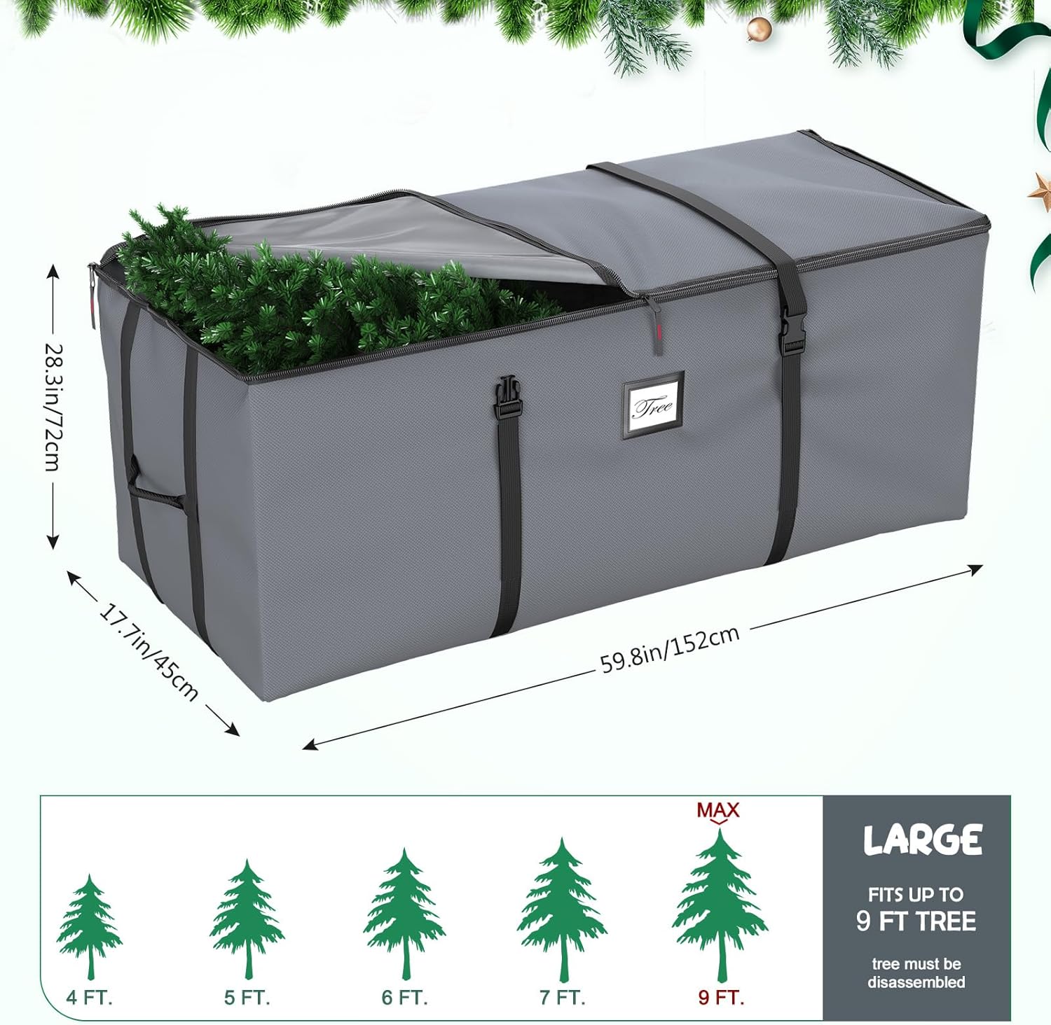 Mrrihand Christmas Tree Storage Bag, Large Artificial Christmas Tree, Anti-Tear Heavy-Duty 600D Oxford Cloth Christmas Tree Storage Box with Handles, Christmas Tree Storage Container (Grey, 9Ft)