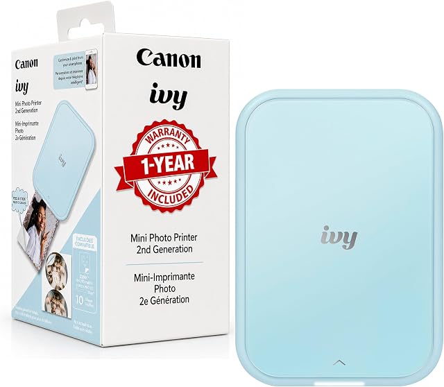 Canon Ivy 2 Mini Photo Printer (Mini Blue), Bluetooth Portable Smartphone Printer for iOS & Android, Bundle with 10 Zink Sticky-Back Photo Prints, LED Light Bar, Protective Case & USB Cable