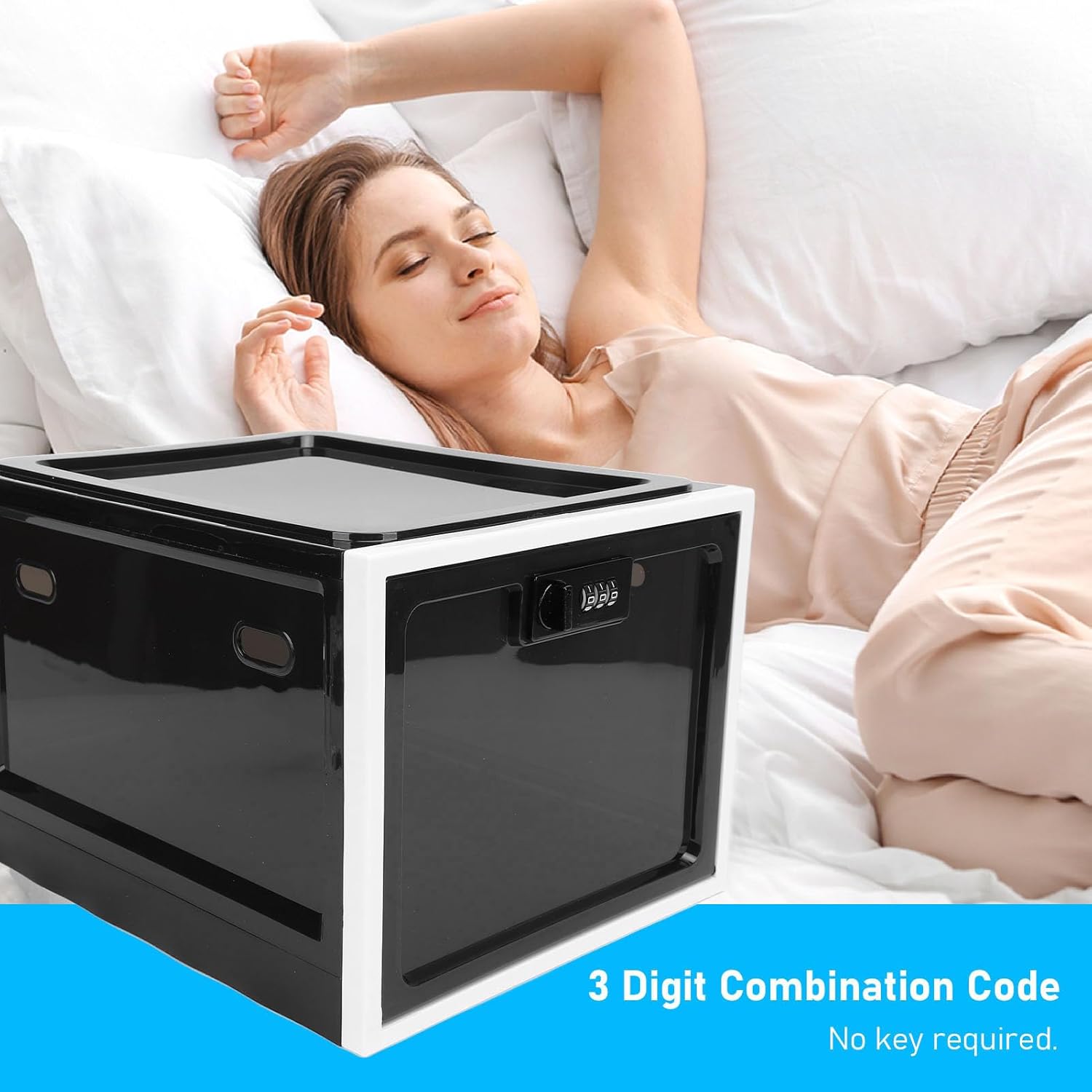 Lockable Storage Box, Plastic Medication Lock Box Refrigerator Storage Bins Food Storage Locking Cabinet Mobile Tablet Locker Lockable Storage Containers for Home Office Dorm (Black and White Frame)