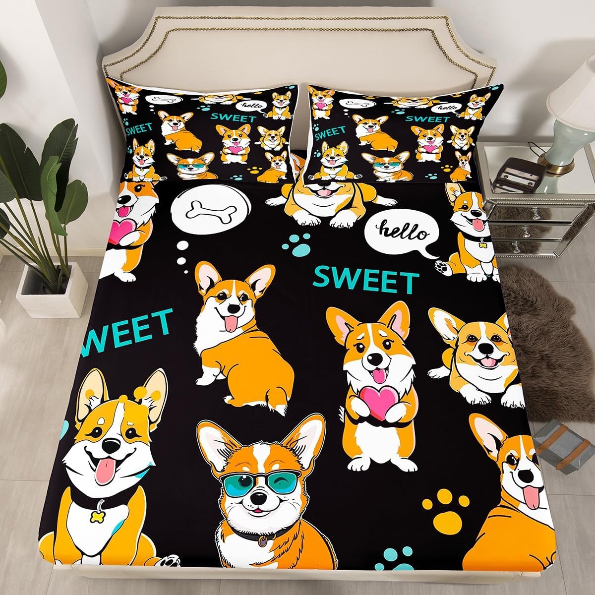 Erosebridal Queen Size Dog Themed Bed Linen Set, 3 Piece Set, Pastel Yellow, Brown, Animal Print, Microfiber, 1 Fitted Sheet, 2 Pillowcases