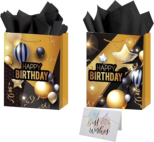 Capesaro Bolsas de regalo con papel de seda, bolsa de regalo de 13 pulgadas de oro negro para cumpleaños, baby shower, bodas, recuerdos de fiesta,