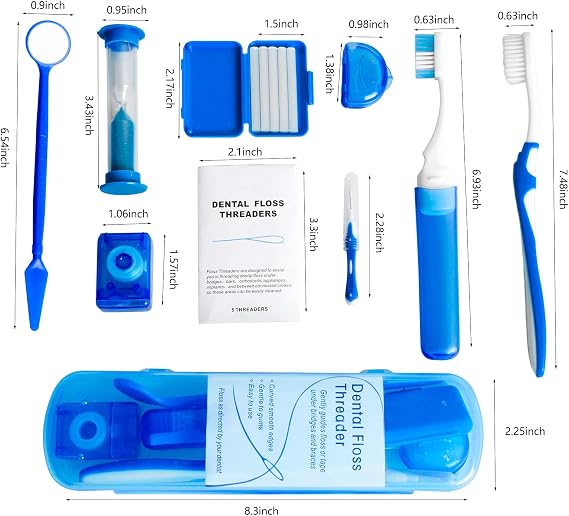 Wenge Portable Orthodontic Oral Care Kit - 2Pack - Travel Kit for Patients, Interdental Brushing Wax Floss Toothbrush Cleaning (Blue_Black)