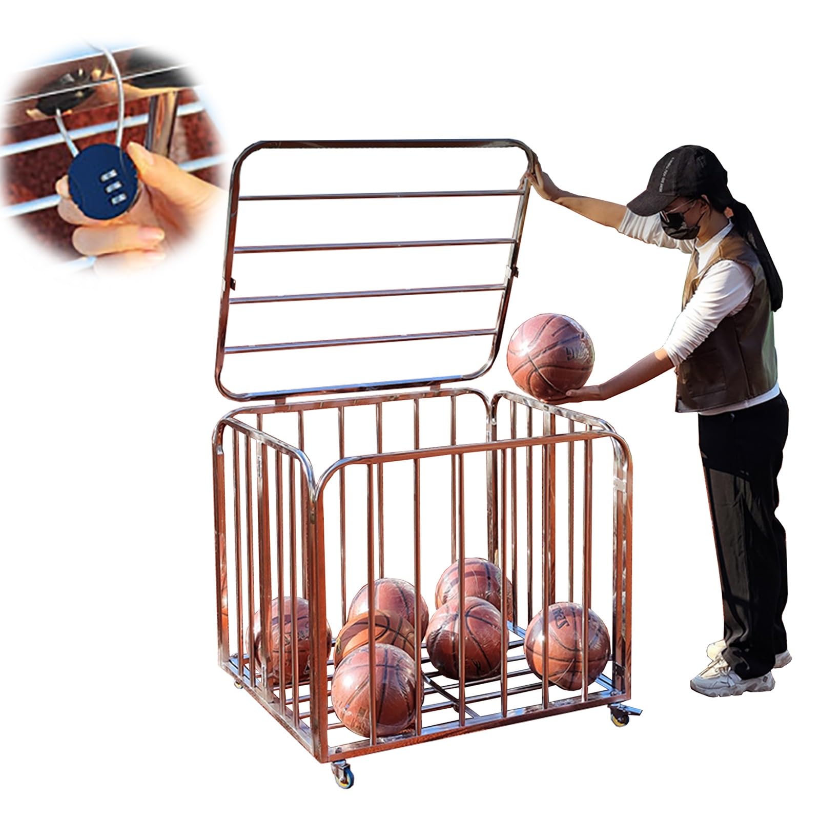 Metal Rolling Yoga Mat & Ball Storage Rack Lockable Basketball Cage Cart for Garage & School Indoor/Outdoor Sports with Wheels
