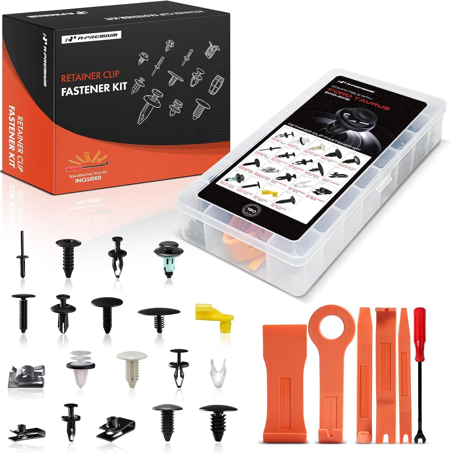 A-Premium 190PCS (41.12 oz/19 Sizes) Bumper Retainer Clips w/Removal Tool Compatible with Ford Taurus 2010-2019 Nylon Fender Fasteners Assortment Rocker Clips Door Trim Molding Push Pin Rivets Set