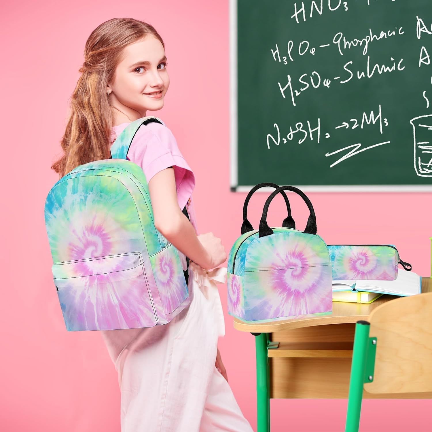 3PCS Girls Tie Dye Backpack, Bookbag for Kids Girls with Lunch Box, 17 Inch Tie Dye Teens Back to School Bag Set, Laptop Backpack for Women School/Daypack