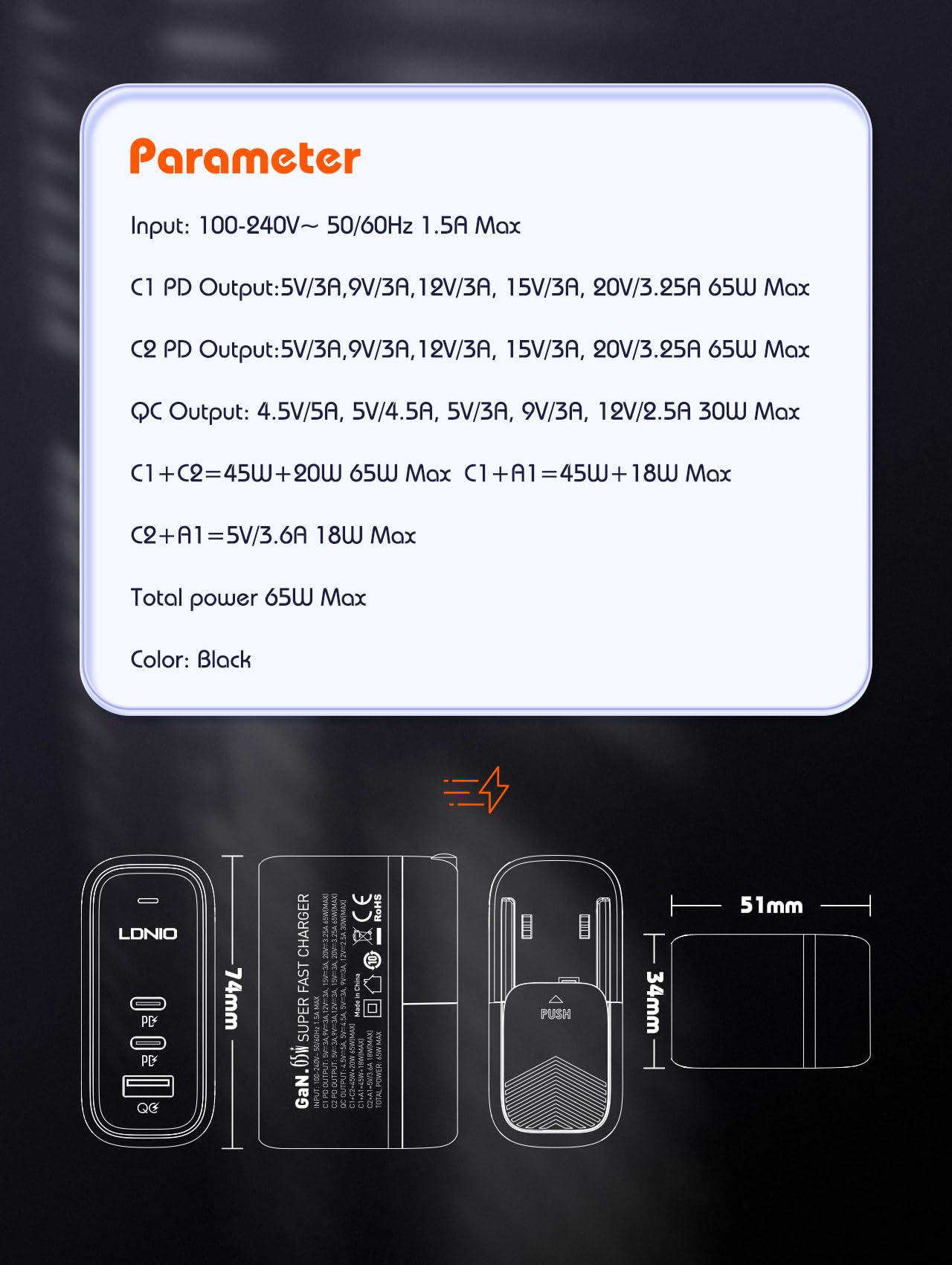 MANTO Chargeur Rapide GaN 65W avec Adaptateur Voyage 3-en-1 (US/UK/EU), 3 Ports 2C1A, PD3.0 & QC3.0, Compatible MacBook, iPhone 17, Samsung Galaxy