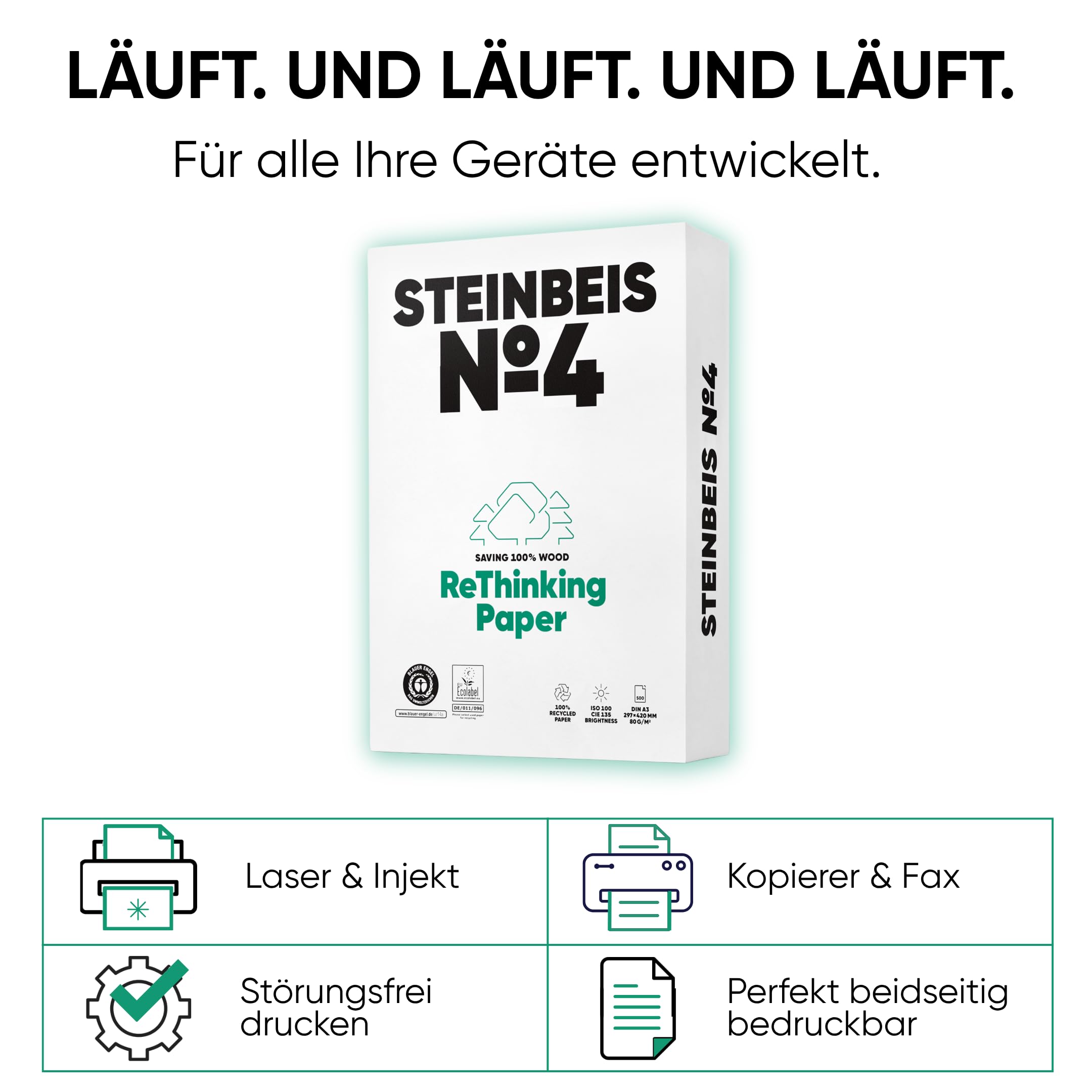 Steinbeis No. 4 Druckerpapier – 2500 (5 x 500) Blatt DIN A3 Recycling-Papier 80 g/m², Weiß & Chlorfrei, hochwertiges Kopierpapier ISO 100 / CIE 135