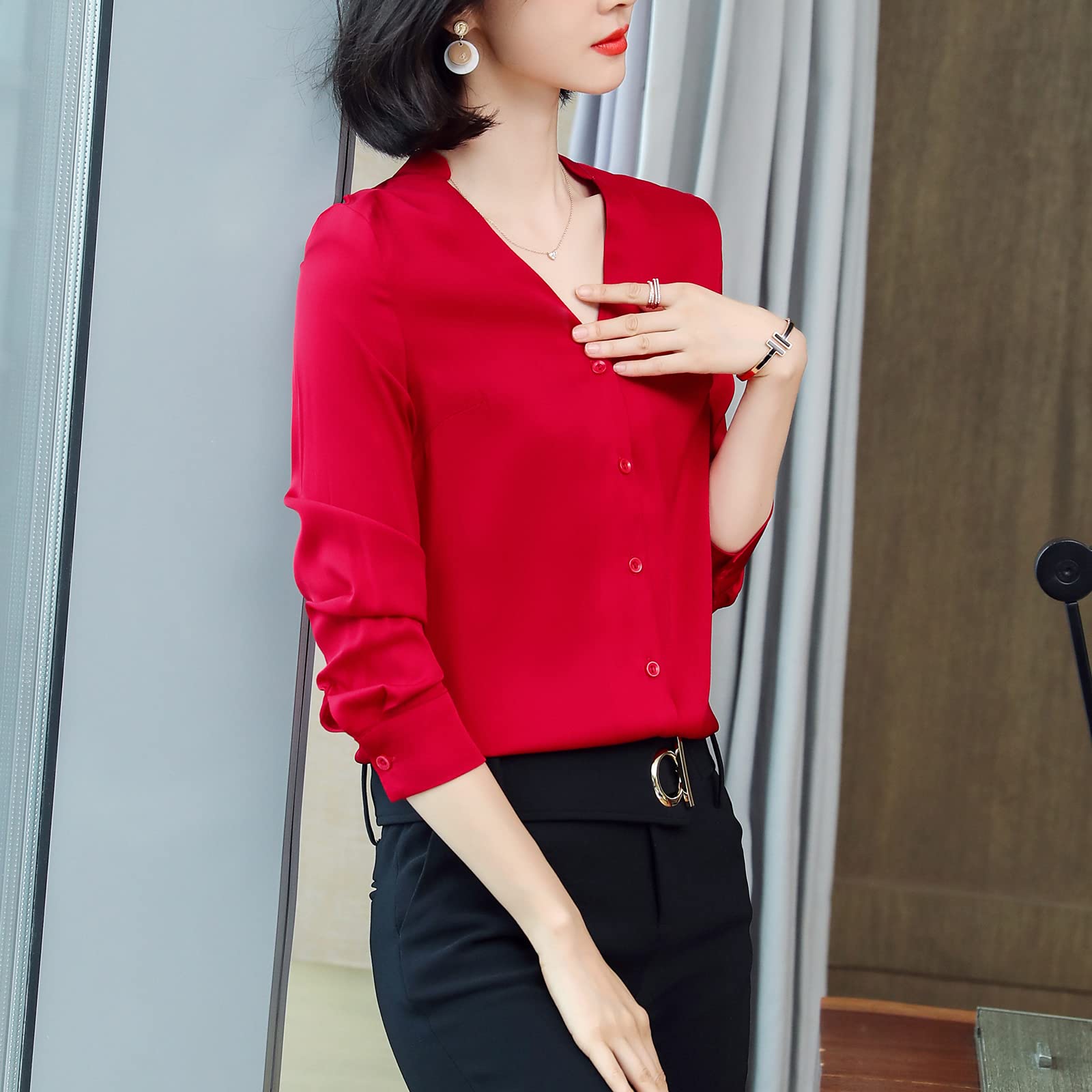 Valin Blusa de seda para mujer Camisa Sólido Botón Abajo Camisas Blusa de Manga Larga Cuello en V Blusa de Seda,S3366