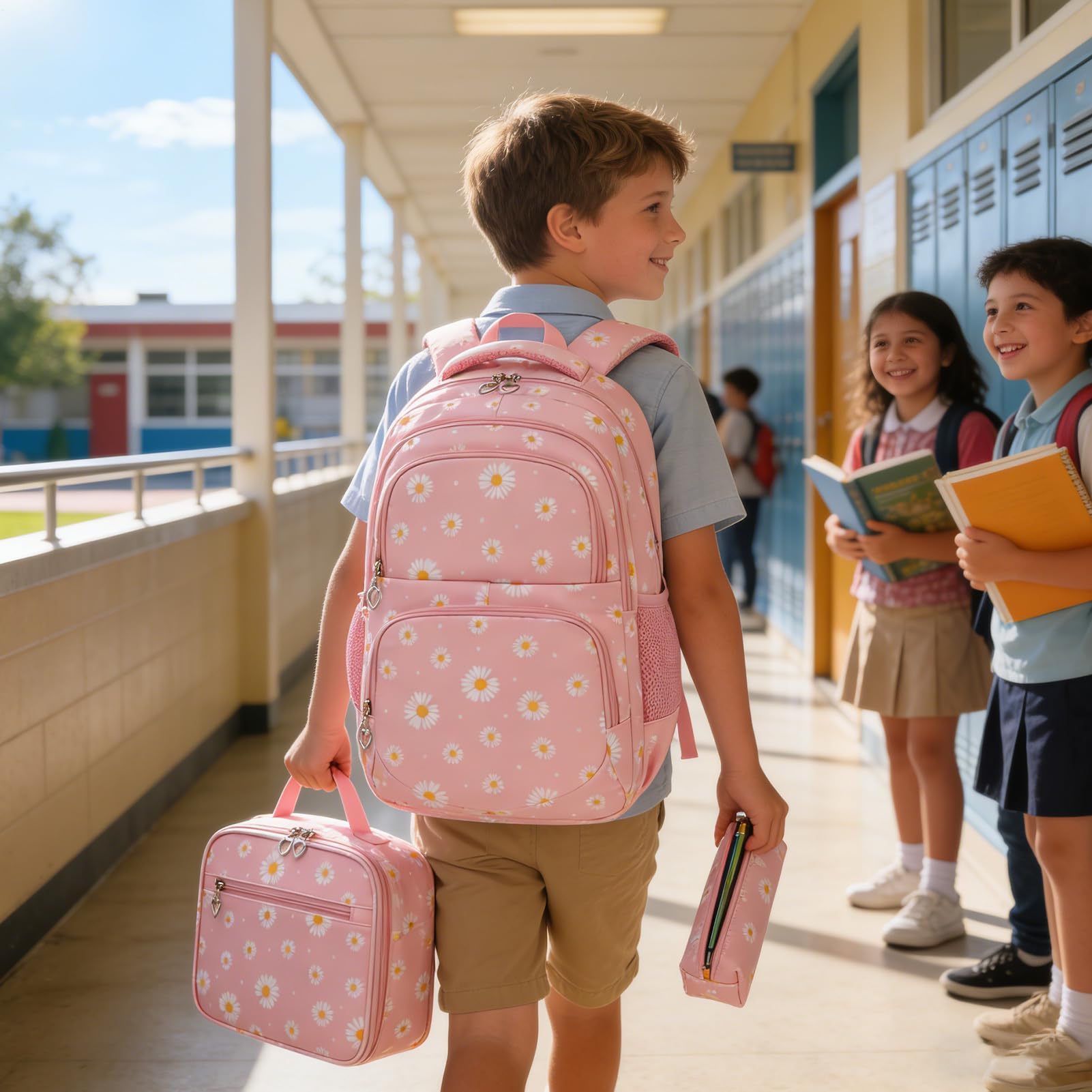 Set di zaino per studenti, graziosa borsa per libri scolastici per viaggi e studio, tessuto in poliestere leggero, multi-tasca, cuciture rinforzate, include borsa per il pranzo per l'uso quotidiano