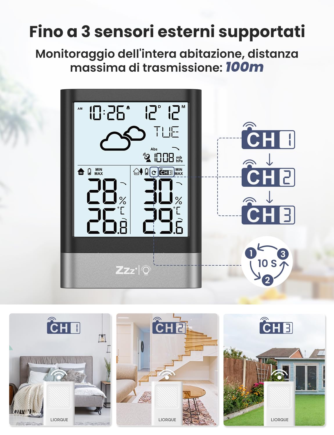 LIORQUE Stazione Meteo Con Sensore Esterno, Stazione Meteorologica Wireless Con RCC, Previsioni Del Tempo, Sveglia, Data, Temperatura,Umidità, Retroilluminazione Regolabile, Nero (Batteria Inclusa)