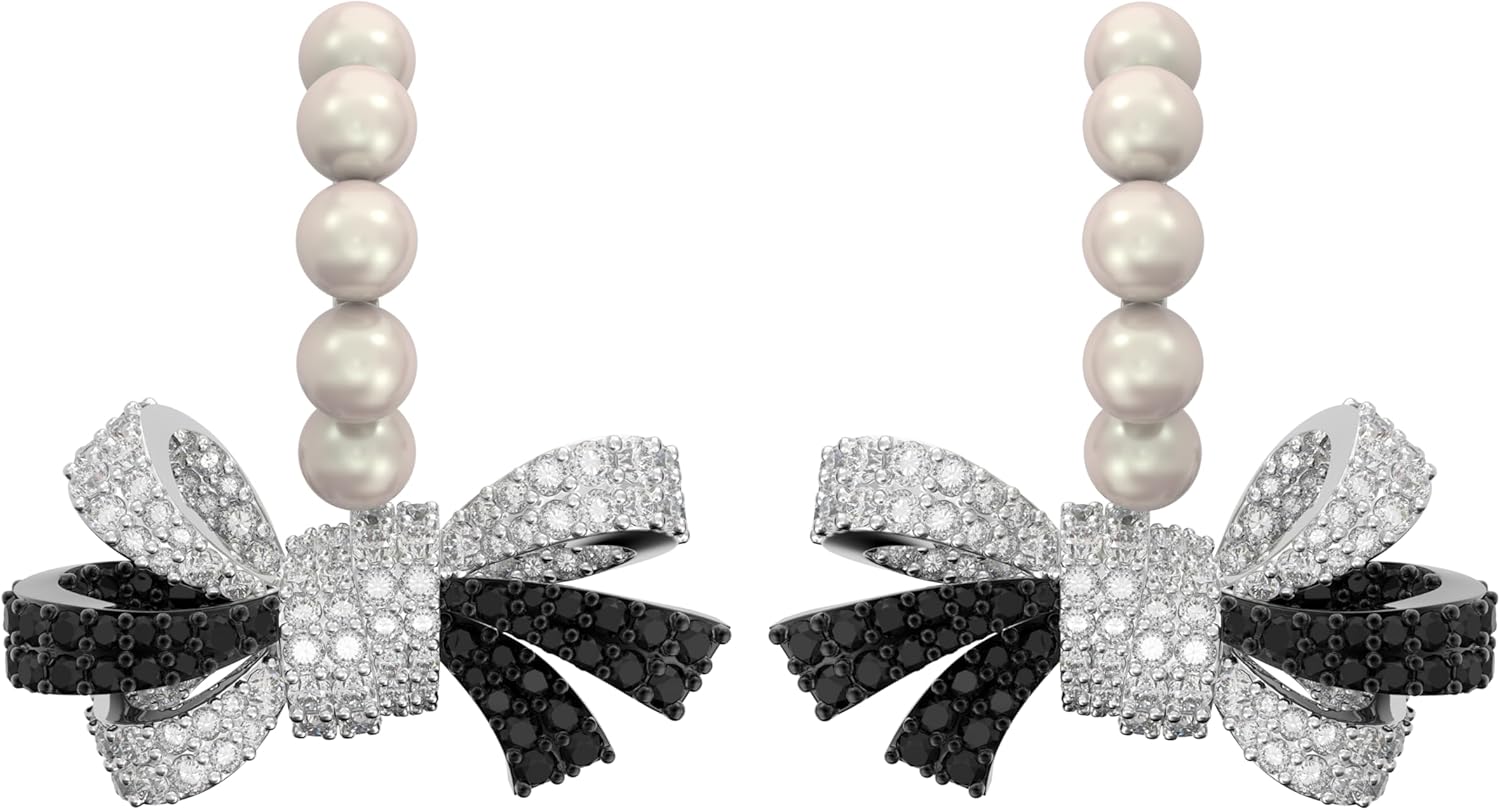 Jewelry Black and White Bow Stud Earrings, Gold-Plated Copper, 5A Cubic Zirconia, 28.5mm Length, 18.5mm Width, Sterling Silver Ear Posts, Hypoallergenic Classic Jewelry Gift