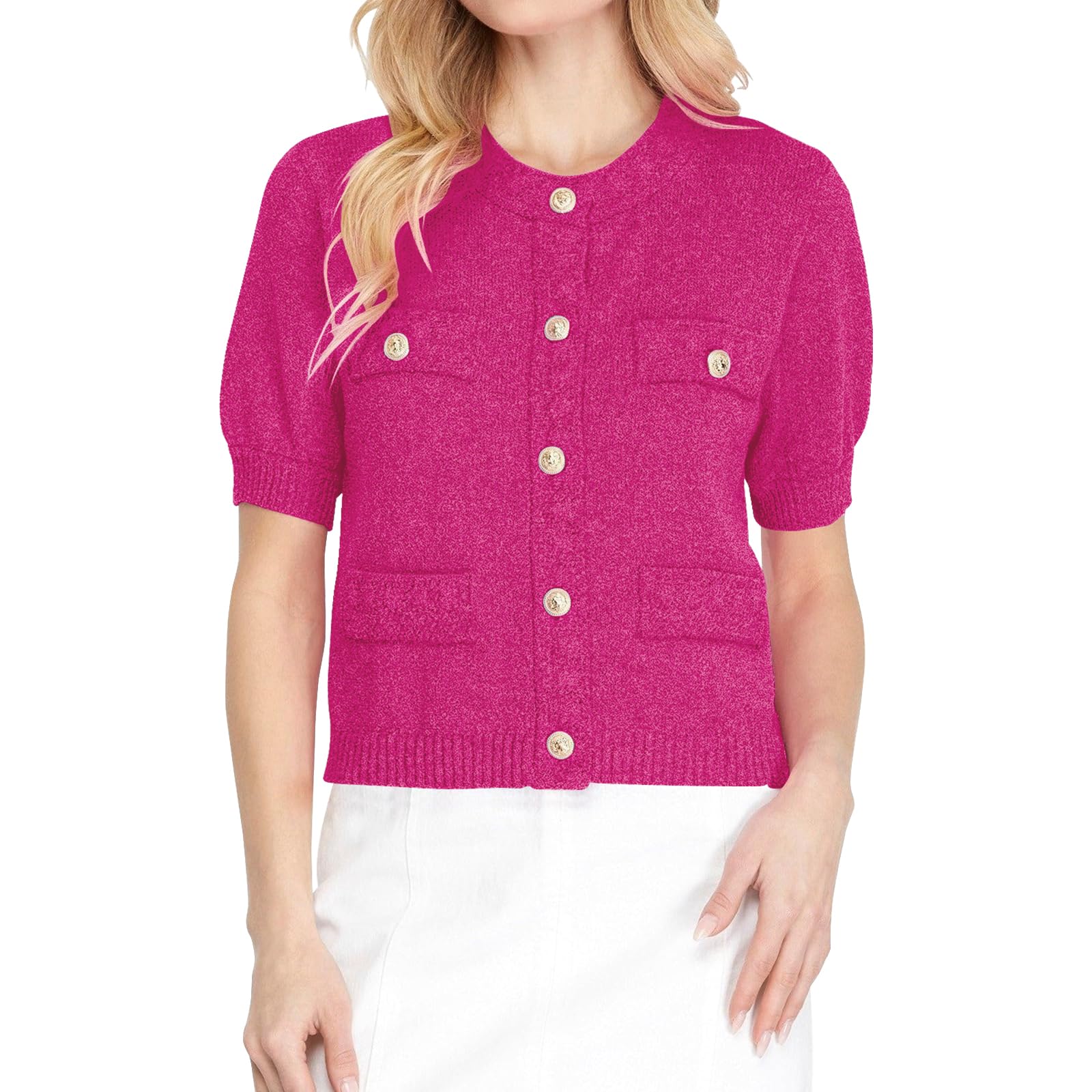 Hacikis Womens Button Down Cropped Cardigan Sweaters Crewneck Short Sleeve Knit Open Front Sweater Tops with Pockets