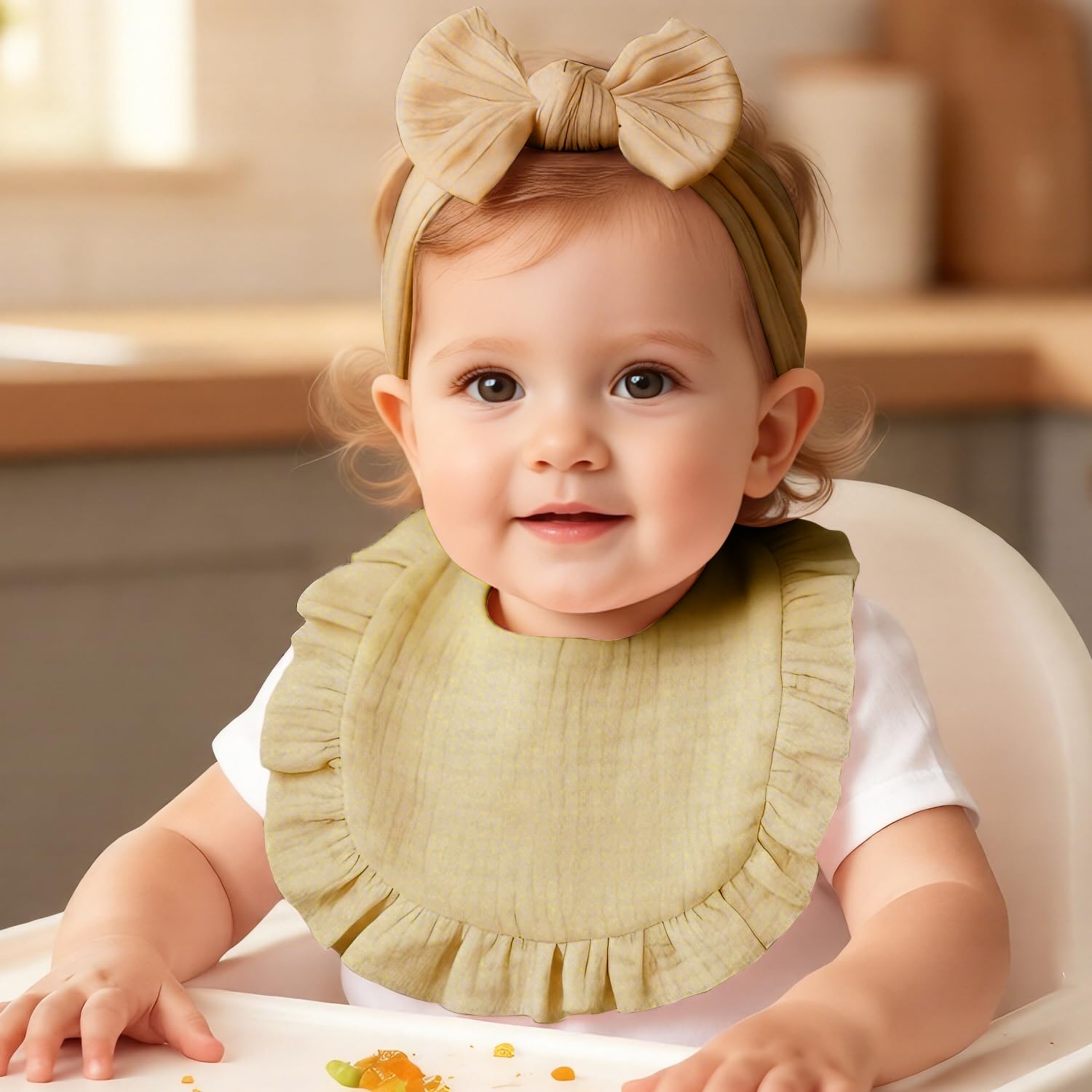 Baby Headband and Dribble Bib Set, Soft Cotton Hairband And Drool Bib for Newborns and Toddlers, Khaki series, 1 count (Pack of 2) - Image 2