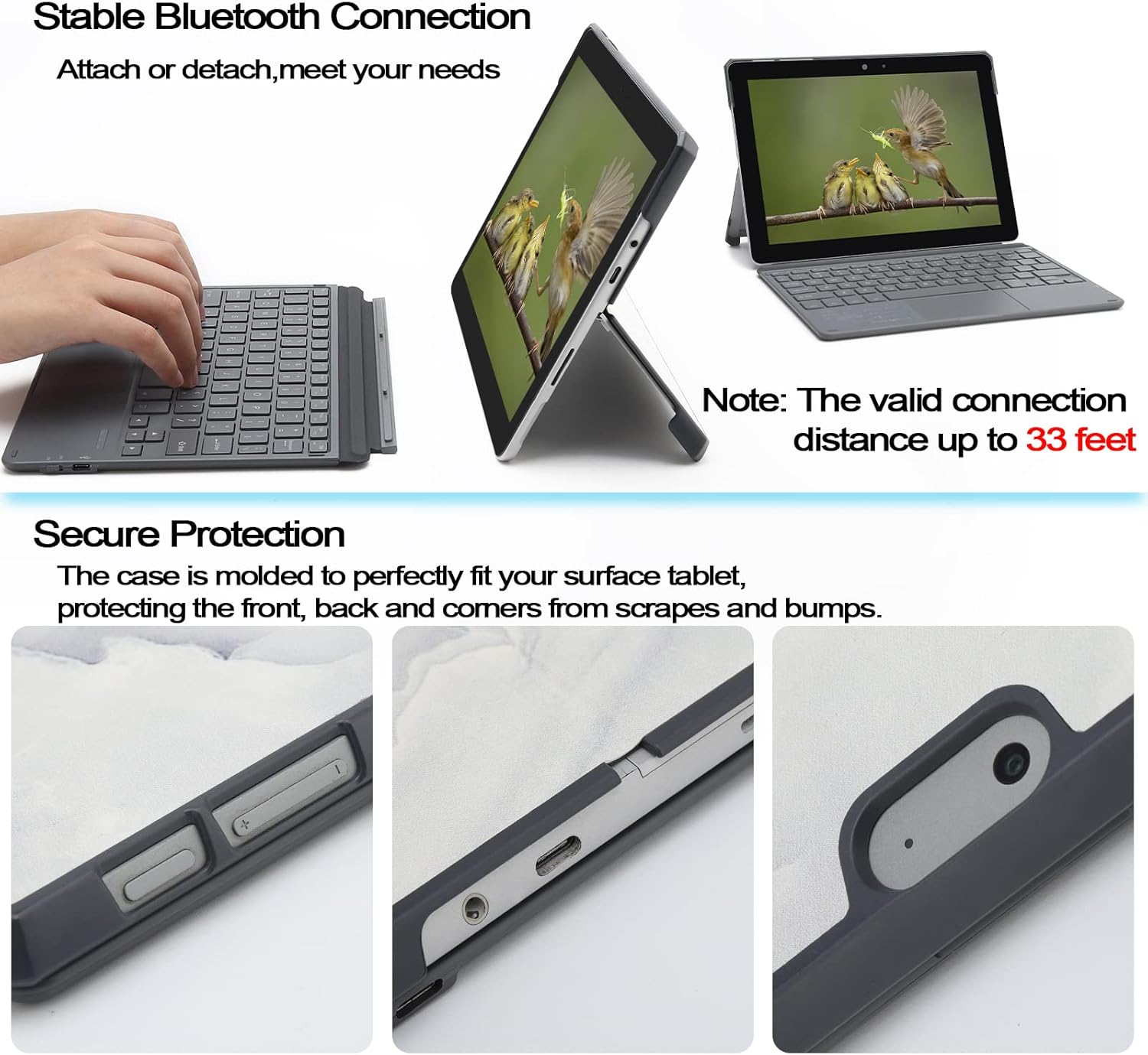 Keyboard Case for Surface Go (3/2/1), Magnetic Detachable, Portable Rechargeable Wireless Bluetooth Keyboard with Touchpad- Grey