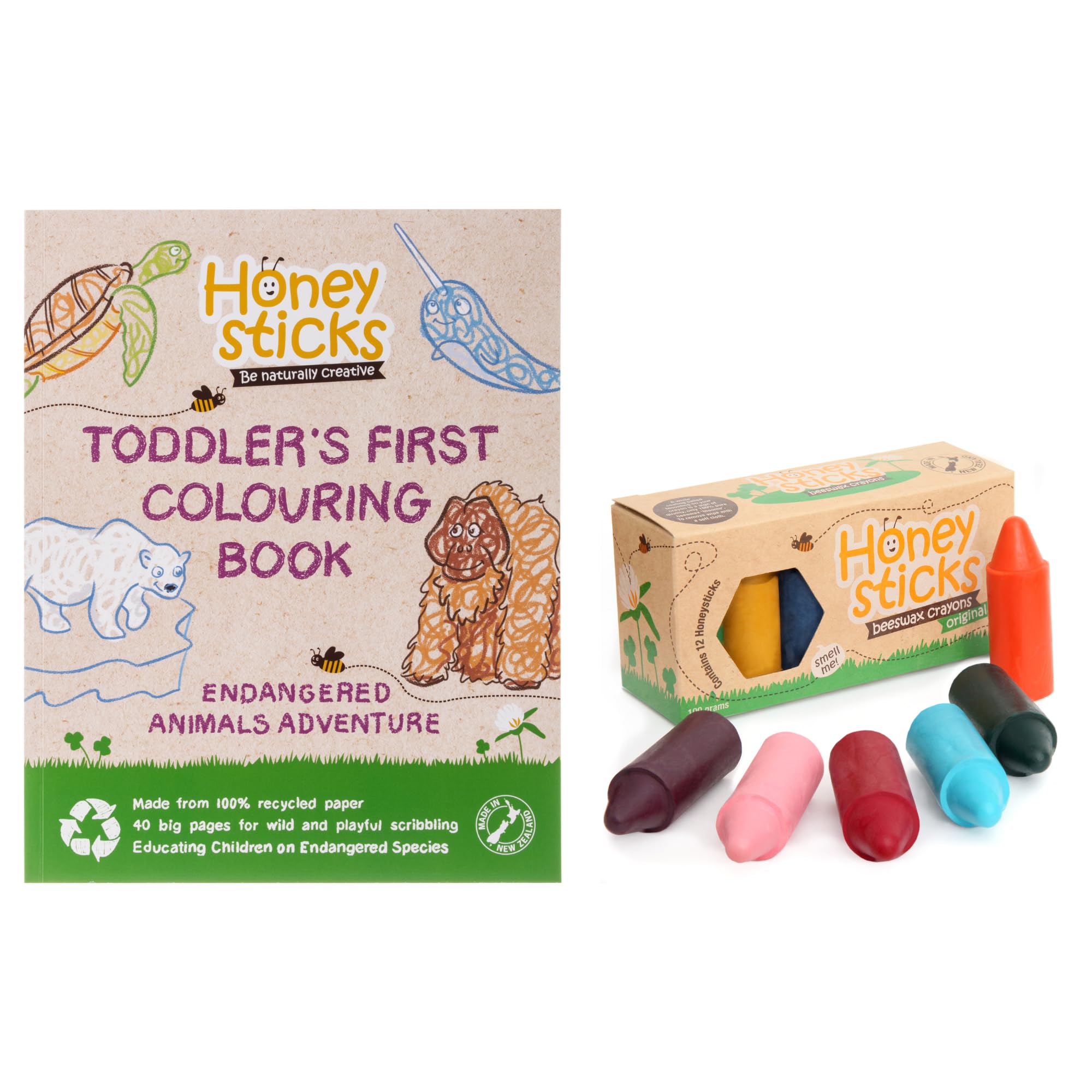 Honeysticks Original Beeswax Crayons PLUS Premium Toddlers First Coloring Book