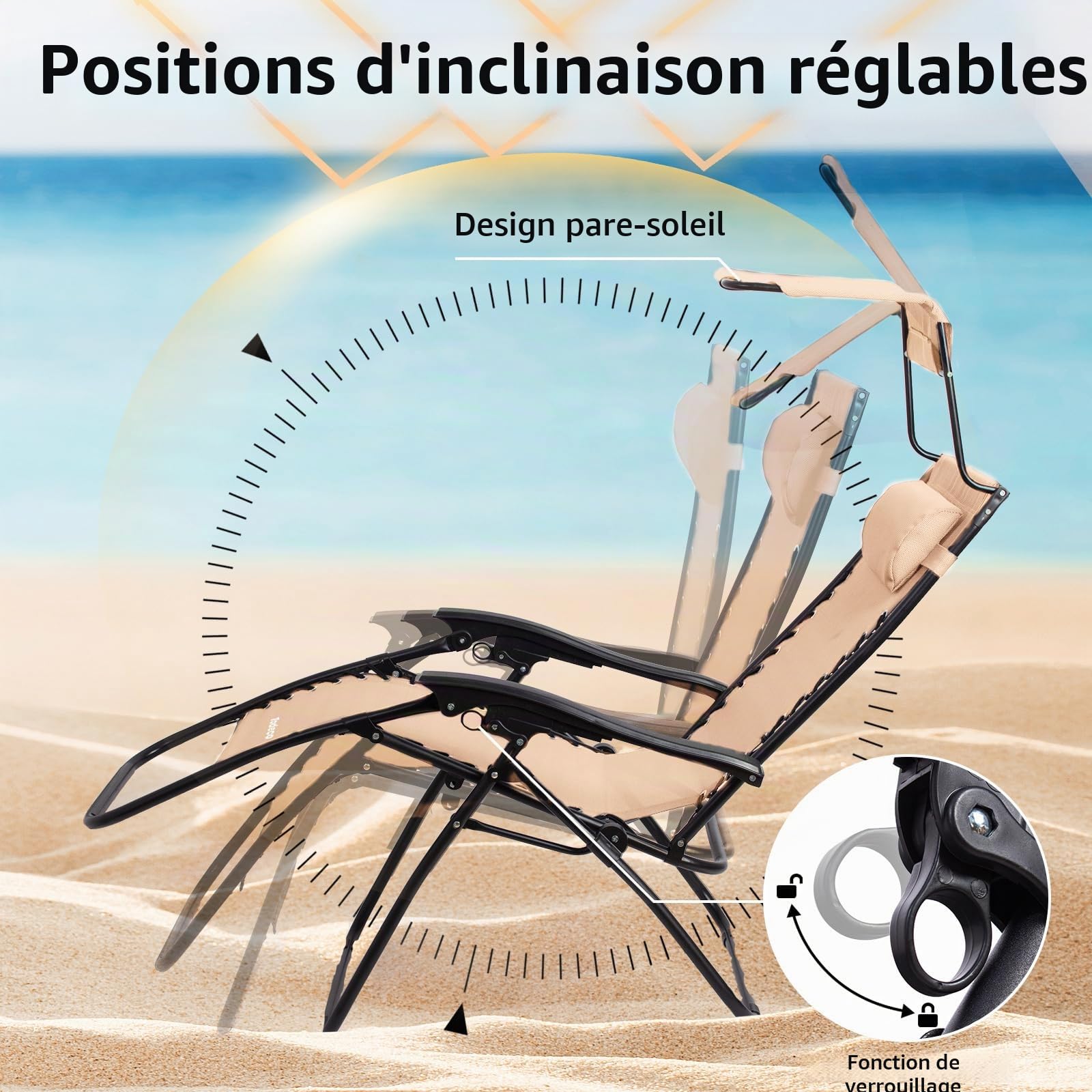 Todeco Transat de Jardin Pliable avec Pare-Soleil, Chaise Longue Inclinable Multiposition, Bain de Soleil Relax en Textilène Respirant avec Repose-Tête et Accoudoirs, pour Plage, Camping, Kaki