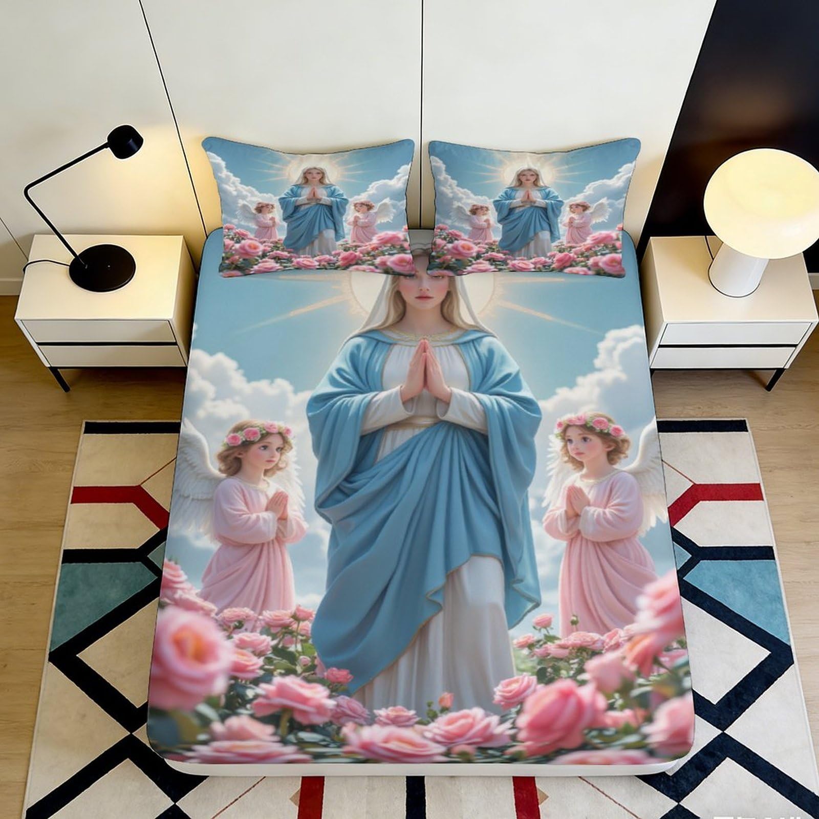 Jqzkxnhpbr Style-2 3D Printed Virgin Mary Angel Fitted Sheet Microfiber Pink Floral Mattress Cover For Bedroom Dorm Home Decor 90X200x25cm