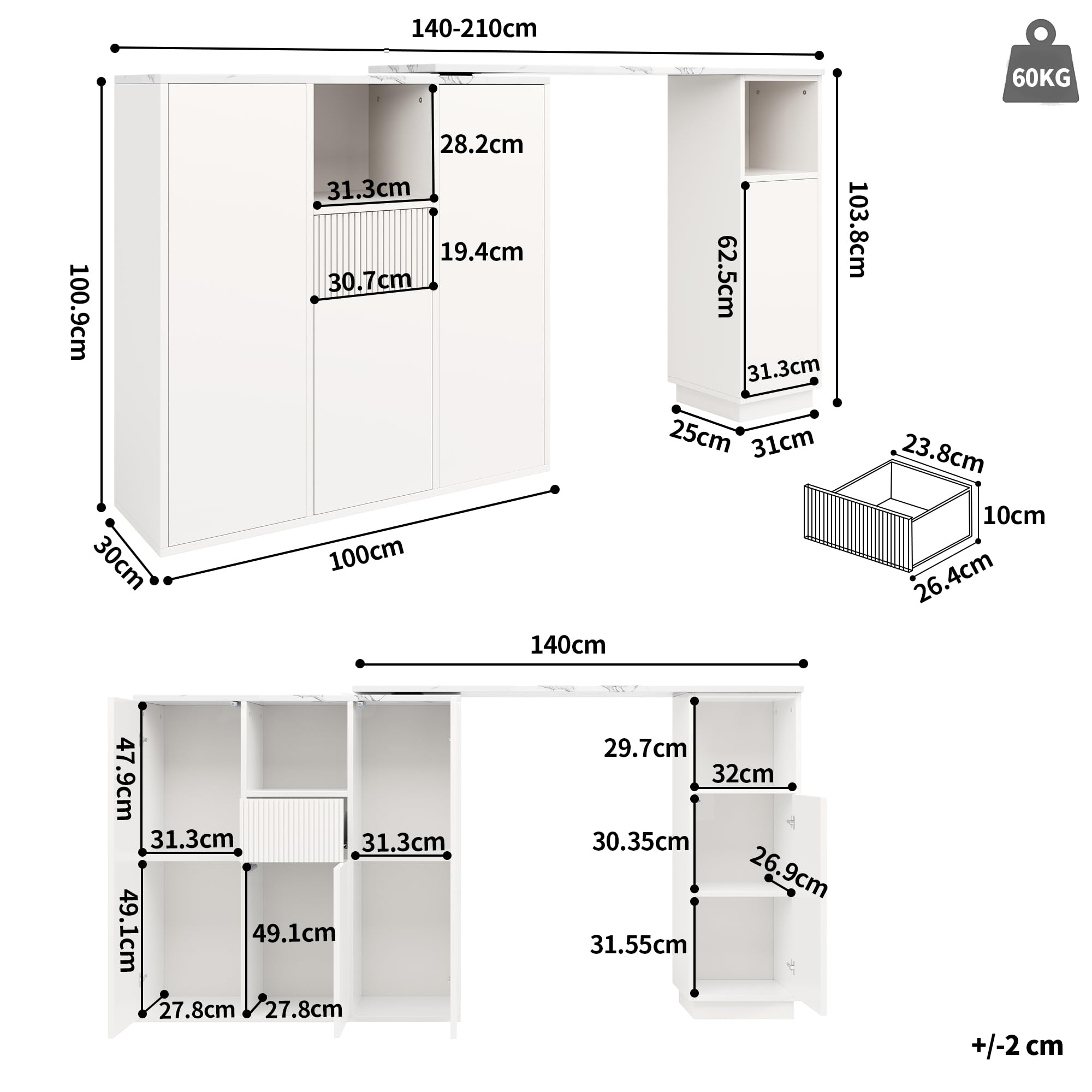 Zepneiy Bar à Manger Rotatif à 360° (100-210 x 30 x 100.9 cm) avec Rangement Ouvert, îlot de Rangement Multifonctionnel Moderne, Blanc