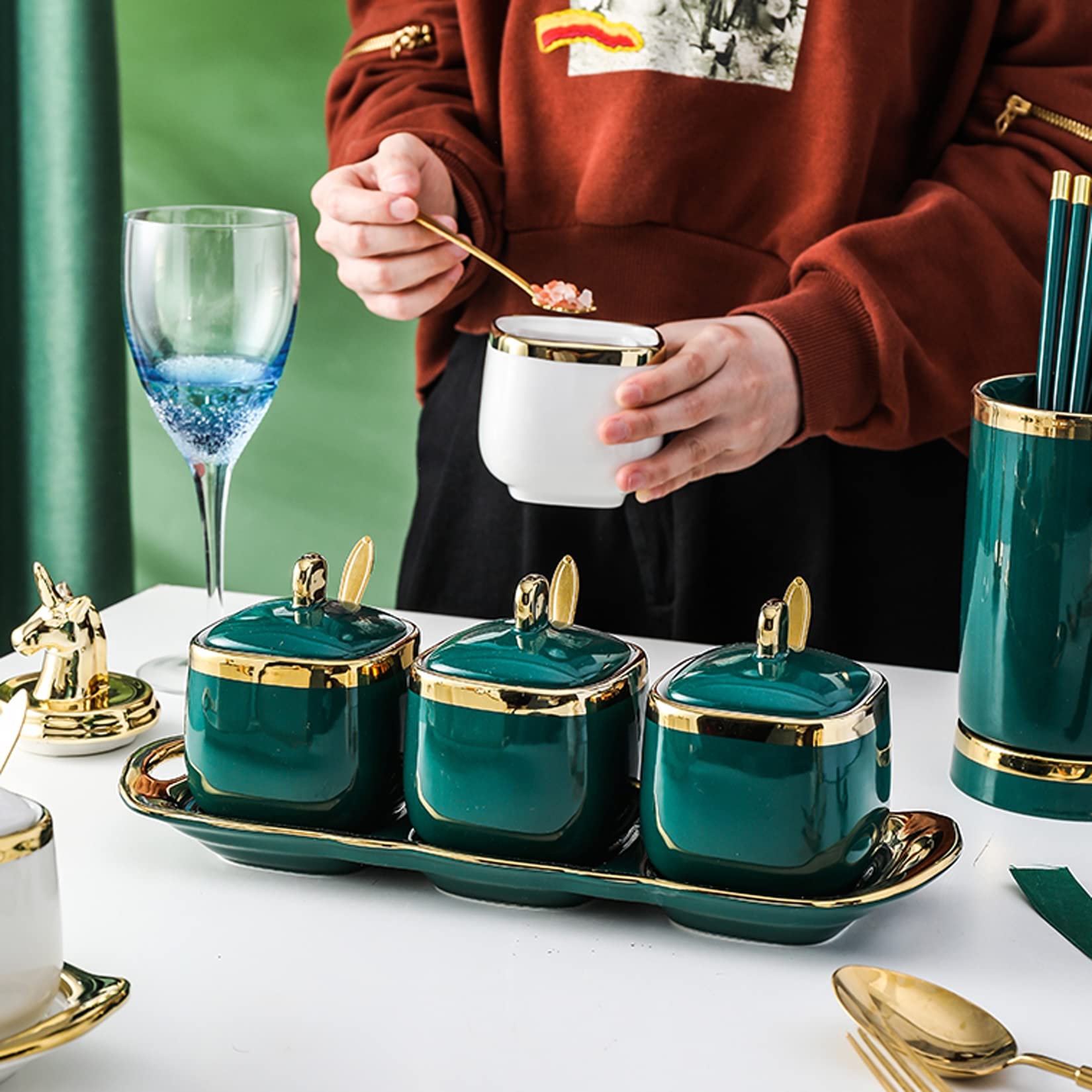 Pots à épices en céramique avec Bordure dorée, Pots à Condiments à Sucre et sel de Cuisine avec couvercles, cuillères et Plateau,Vert